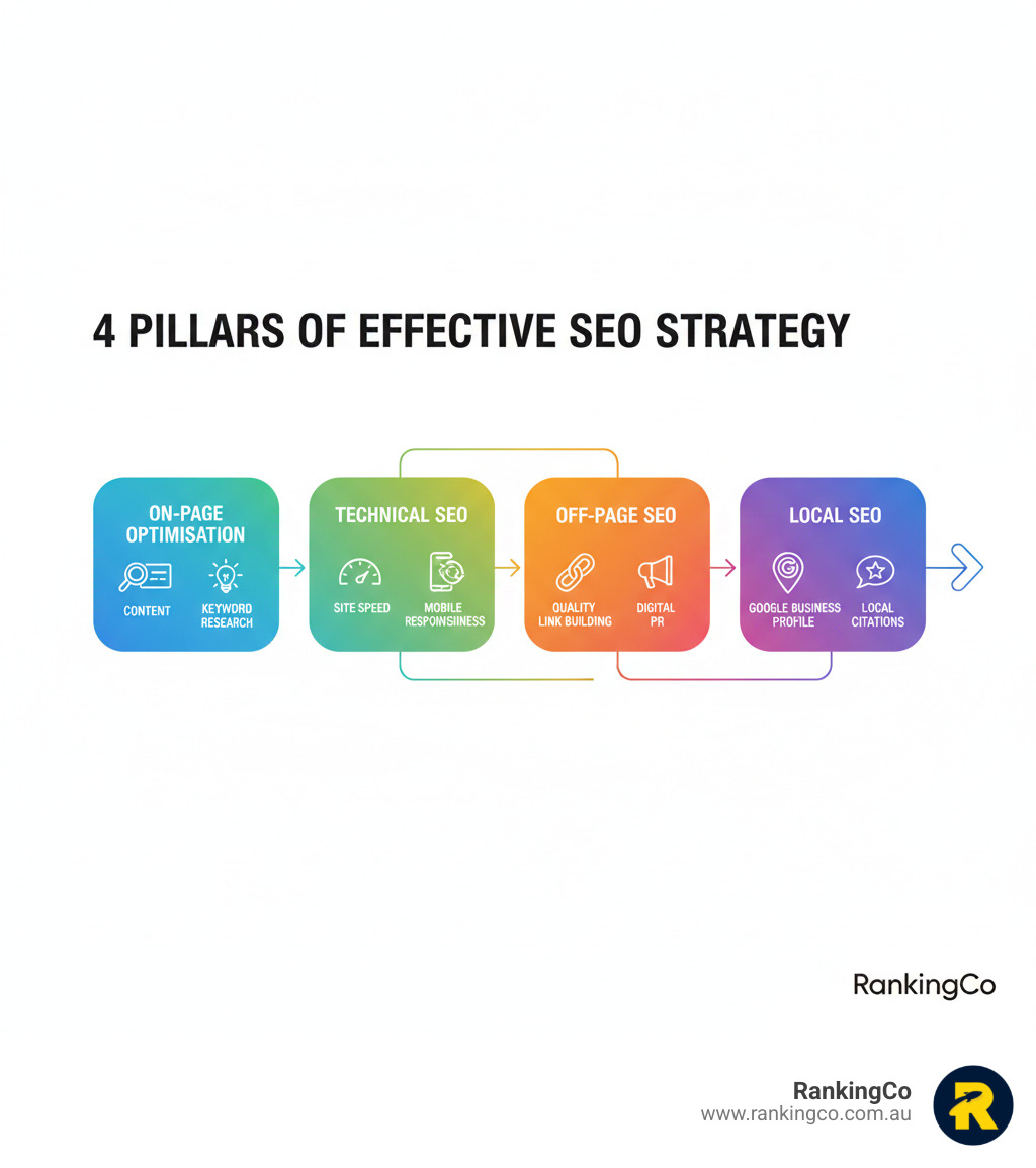 Comprehensive breakdown showing the four pillars of effective SEO strategy: On-page optimisation including content and keyword research, Technical SEO covering site speed and mobile responsiveness, Off-page SEO focusing on quality link building and digital PR, and Local SEO encompassing Google Business Profile optimisation and local citations - affordable seo agency melbourne infographic 