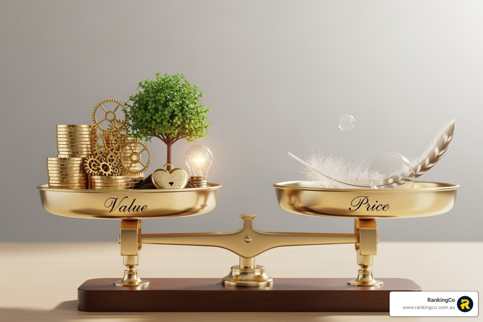 A graphic illustrating the balance between 'Price' and 'Value', with the 'Value' side weighing heavier, emphasising that true affordability comes from high value - affordable seo agency melbourne