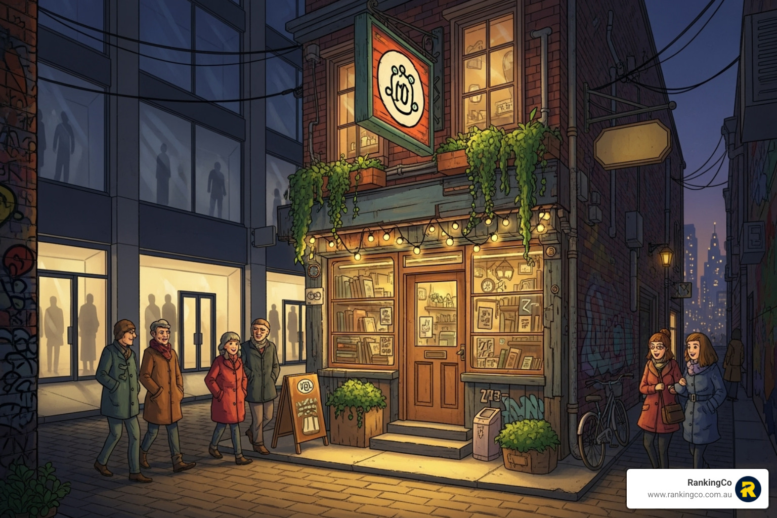 A charming illustration of a unique, thriving small business in a vibrant Melbourne laneway, standing out amidst a backdrop of larger, generic storefronts, symbolising competitive advantage through local presence - affordable seo agency melbourne