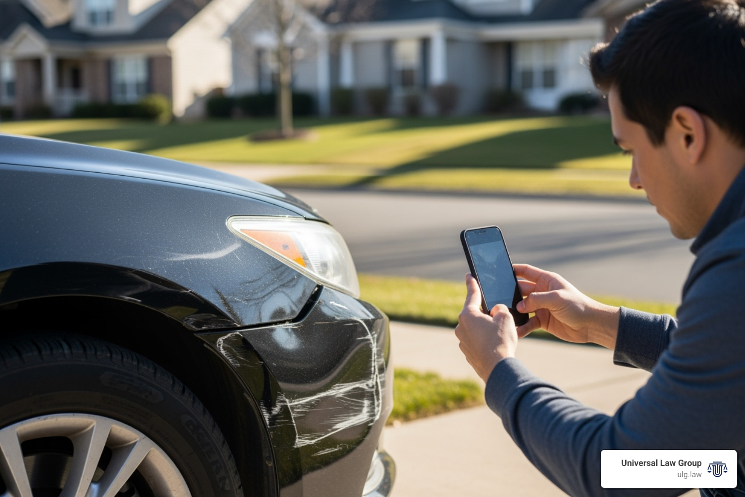 Person taking photos of car damage with a smartphone - Car accident legal process