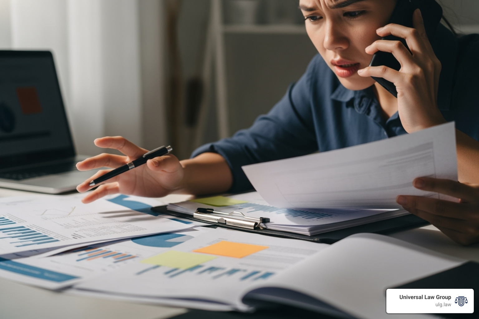 Person on the phone looking stressed while reviewing documents - Car accident legal process