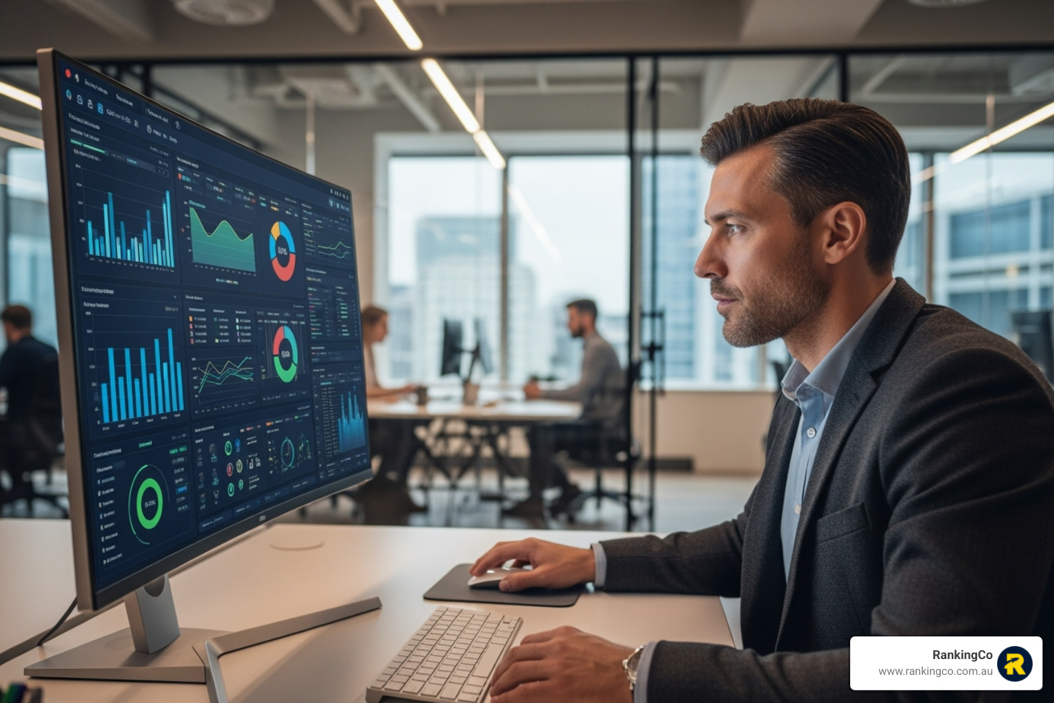Marketing professional analysing a Google Ads dashboard on a computer screen - Adwords management Brisbane Marketing professional analysing a Google Ads dashboard on a computer screen - Adwords management Brisbane