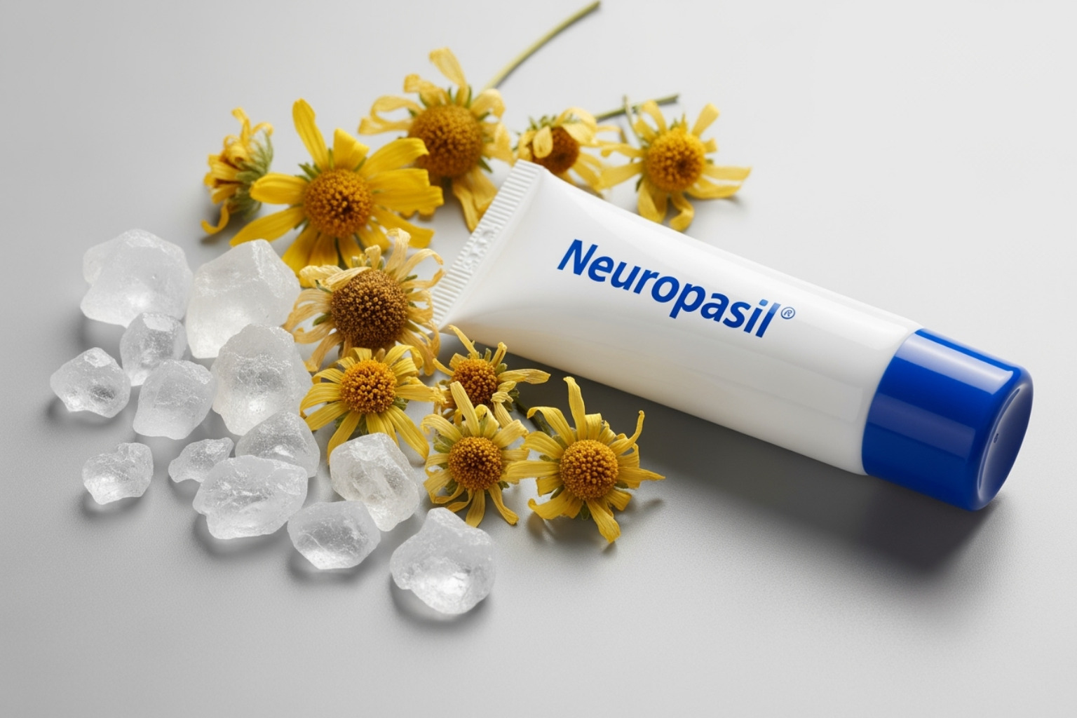 Image of various ingredients like menthol crystals, arnica flowers, and a tube of Neuropasil cream - Pain cream