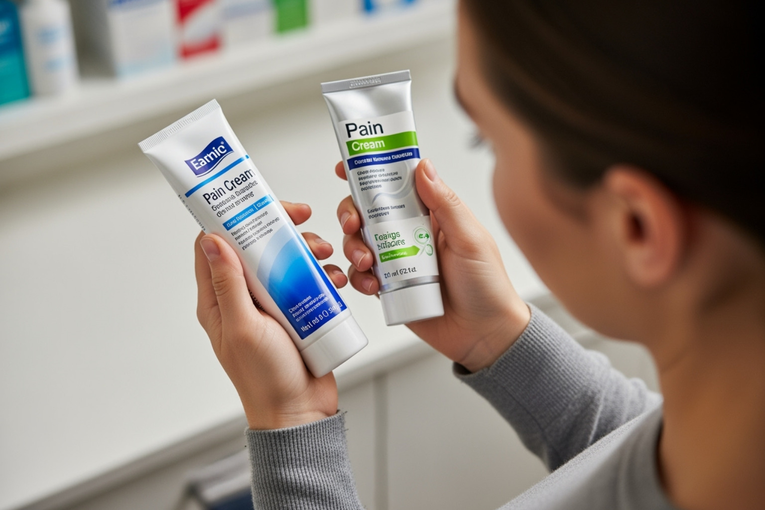 Image of a person comparing two different tubes of pain cream - Pain cream