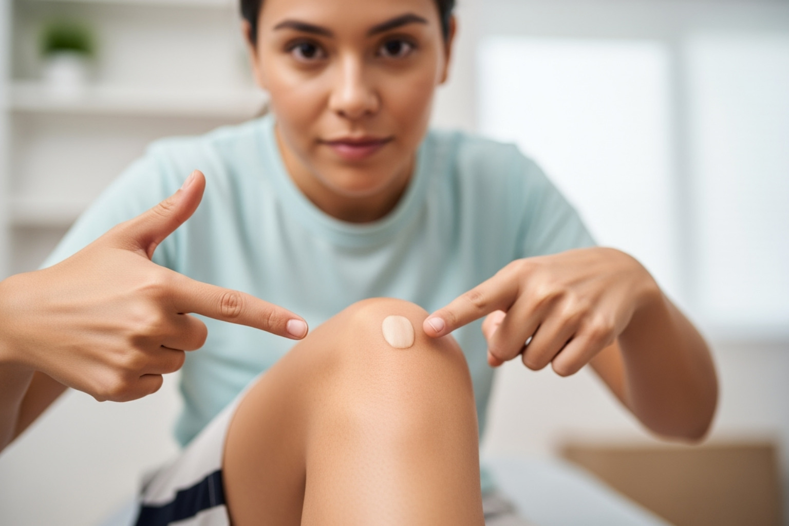 person pointing to knee joint - pain killing ointment