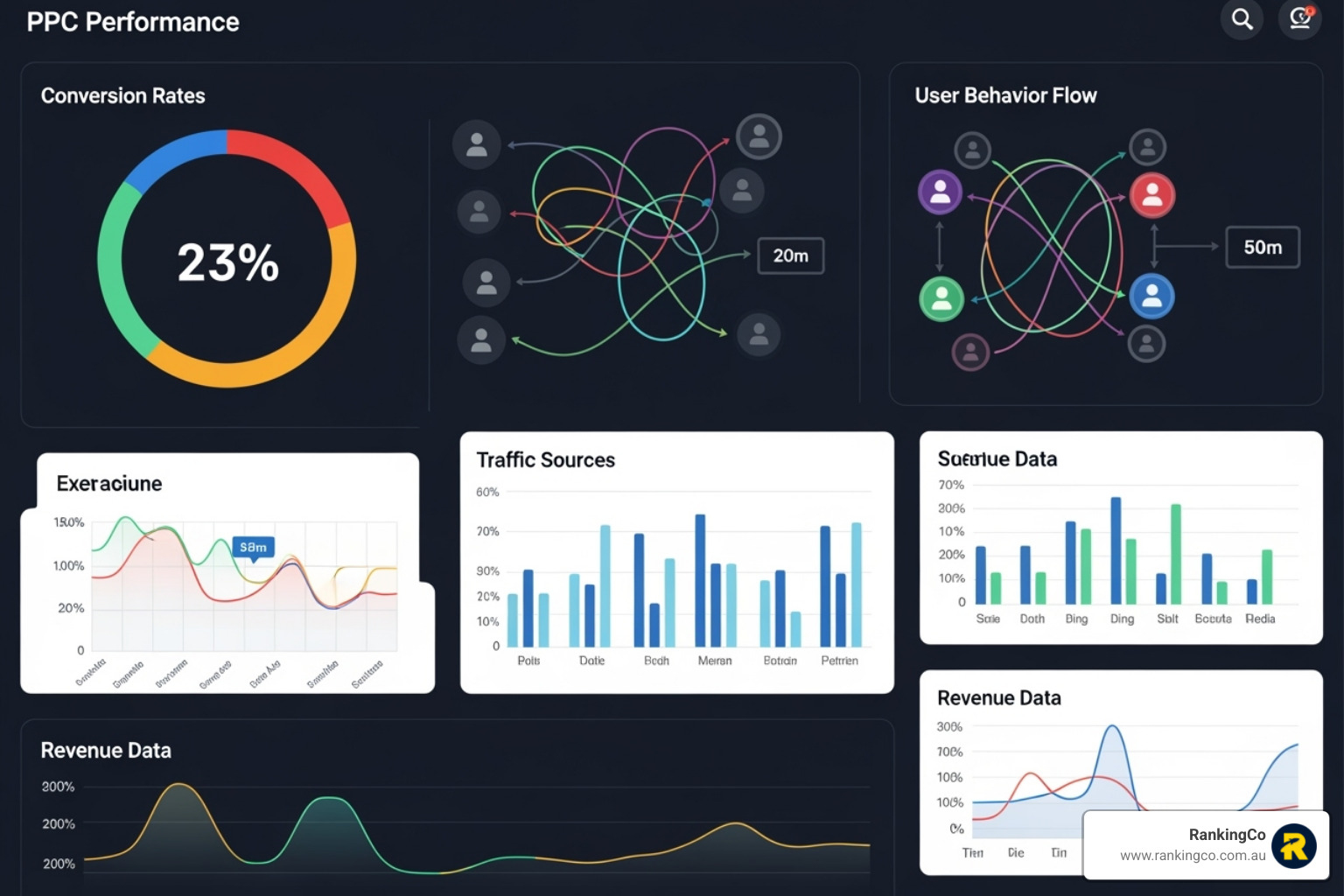 A detailed Google Analytics dashboard displaying key performance metrics such as conversion rates, user behaviour flow, traffic sources, and revenue data for a PPC campaign - pay per click advertising australia