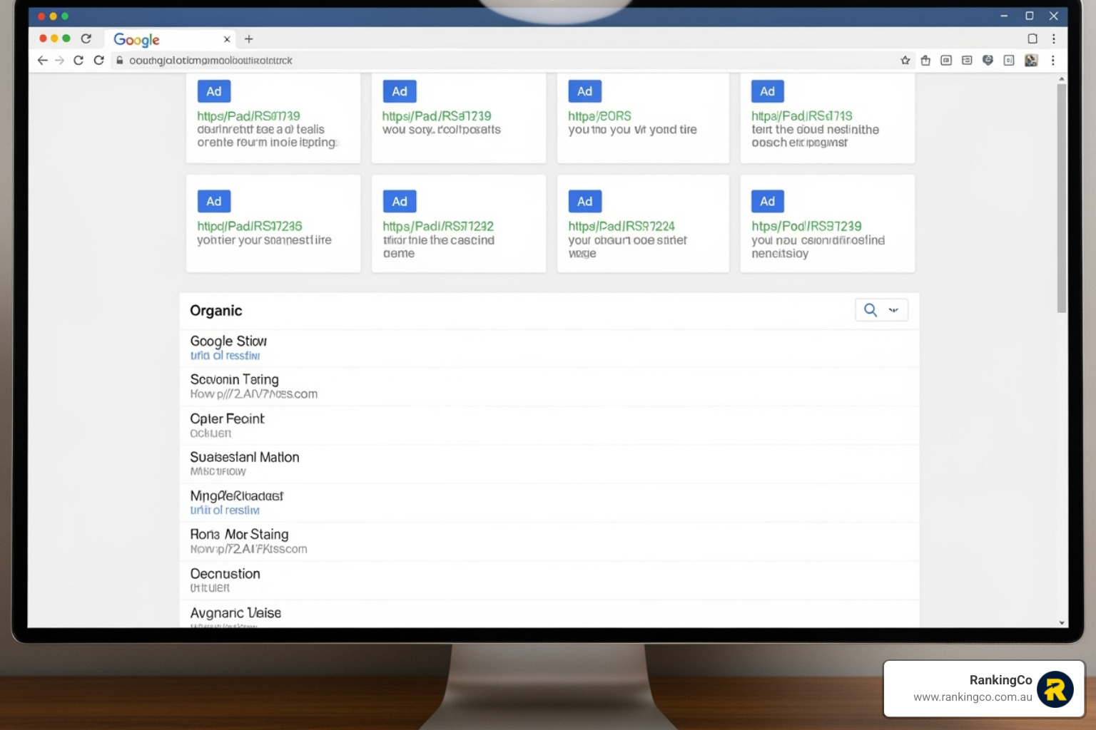 A screenshot of a Google Search Results Page (SERP) showing paid advertisements at the top, clearly labelled with 