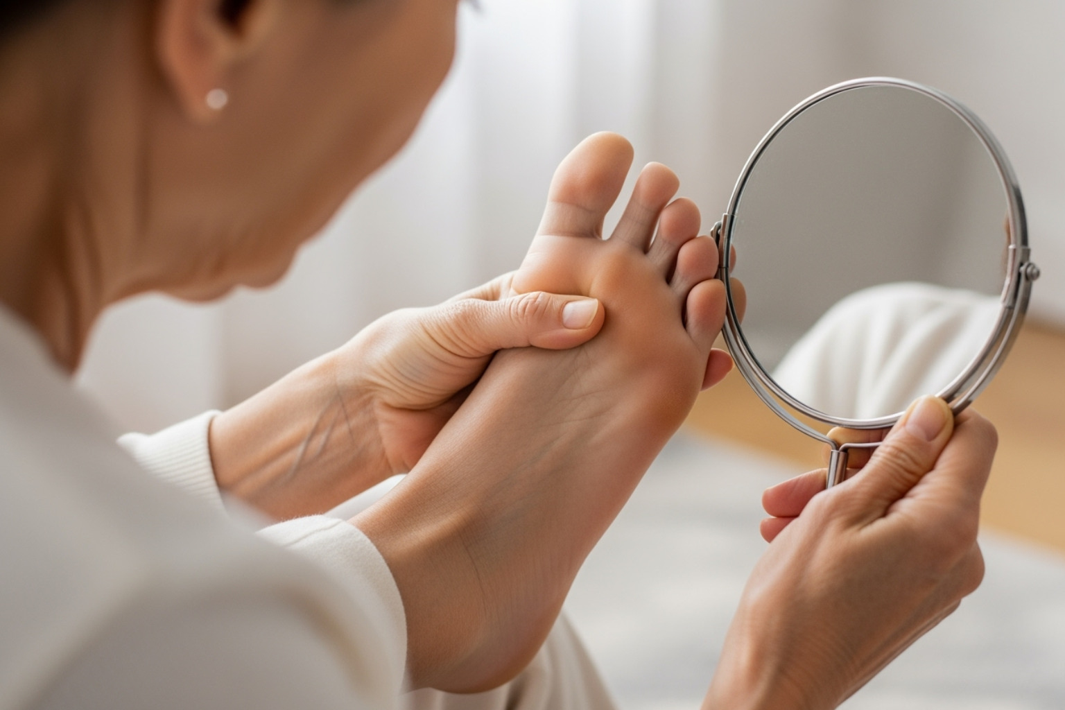 Image illustrating the steps of a daily foot check (looking between toes, checking for cuts) - Diabetic foot pain