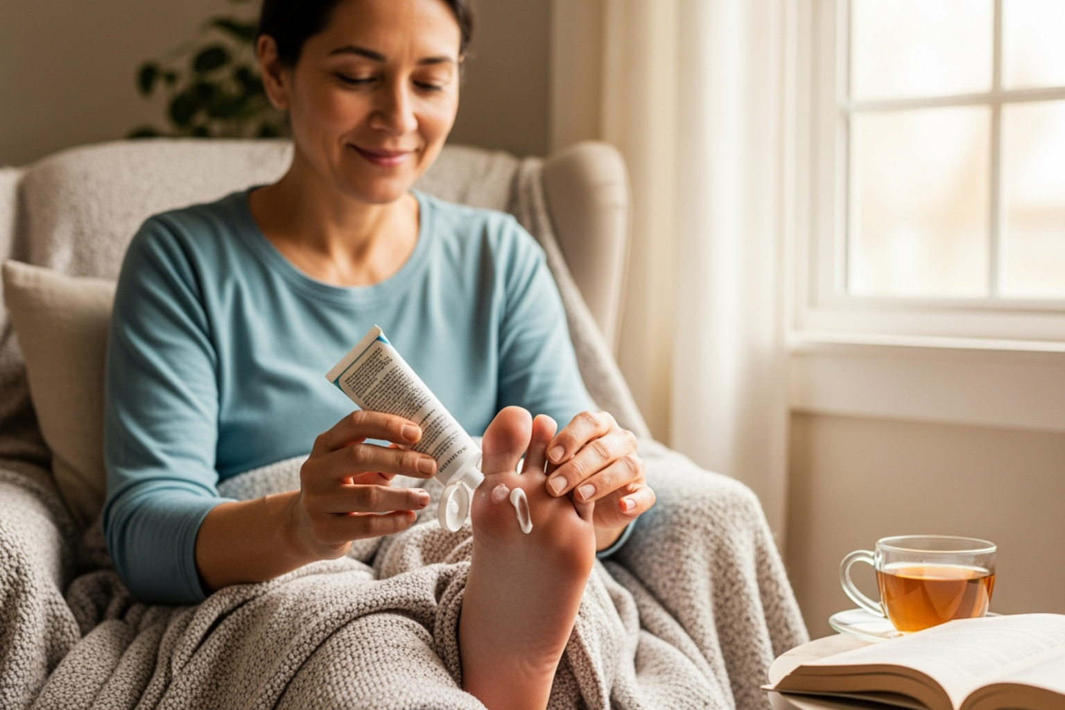 Image of a person smiling while applying Neuropasil cream to their foot, showing relief - Diabetic foot pain