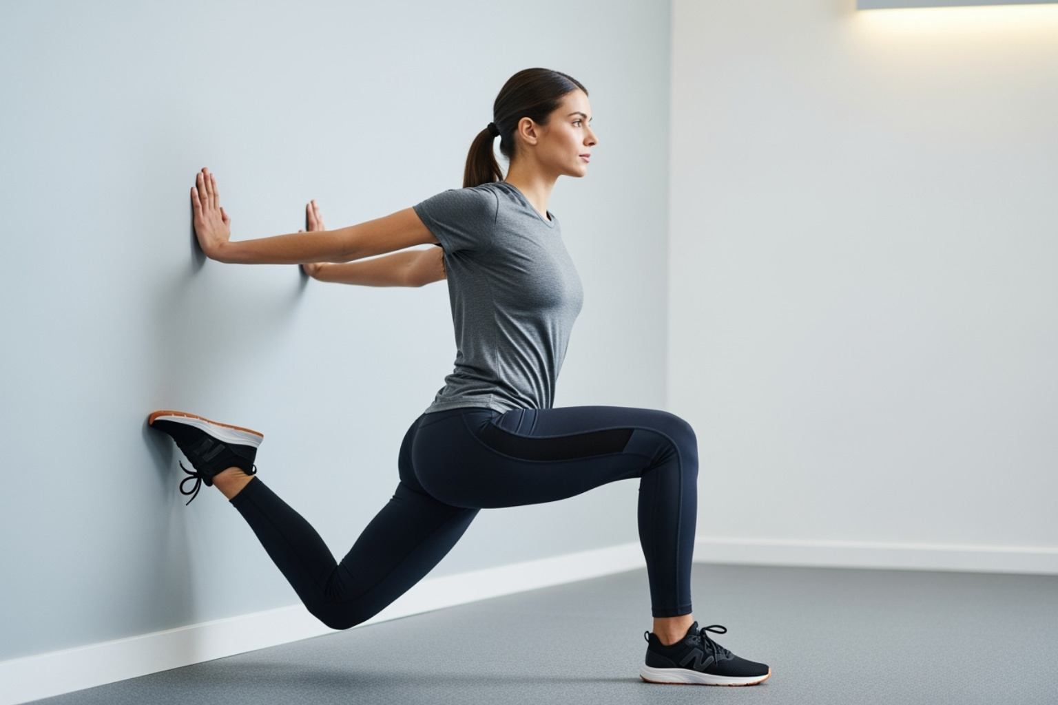 A person demonstrating a calf stretch against a wall, highlighting the importance of stretching for muscle cramp prevention - muscle cramp cream