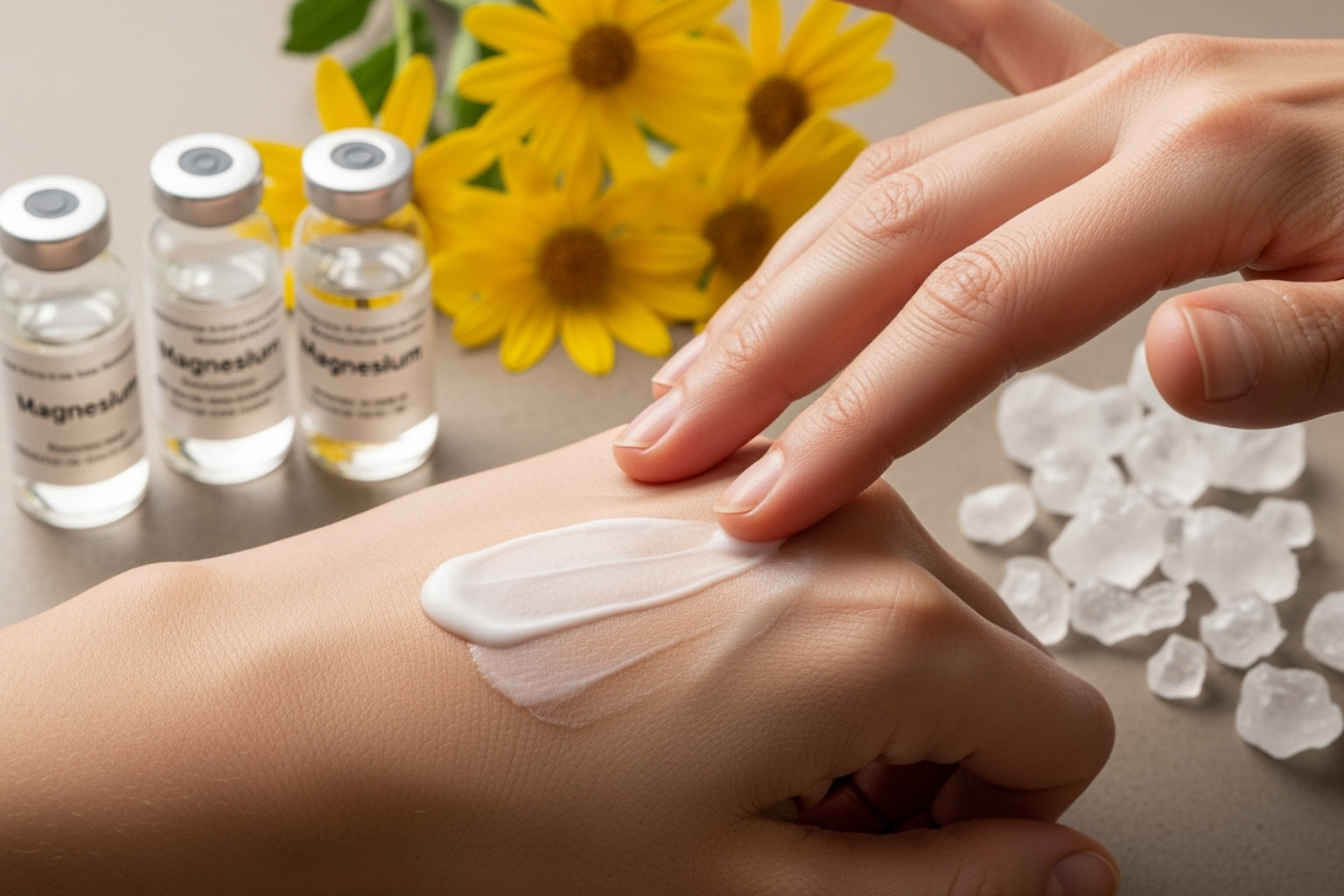 Close-up image of a hand applying a cream, with blurred background showing vials of magnesium, arnica flowers, and menthol crystals, representing key natural ingredients - muscle cramp cream