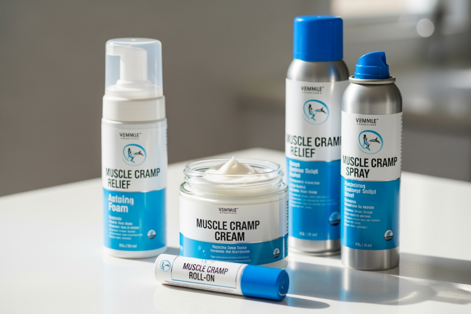 An image showing various muscle cramp products, including a jar of cream, a bottle of foam, an aerosol spray, and a roll-on applicator, all clearly labeled for muscle cramp relief - muscle cramp cream