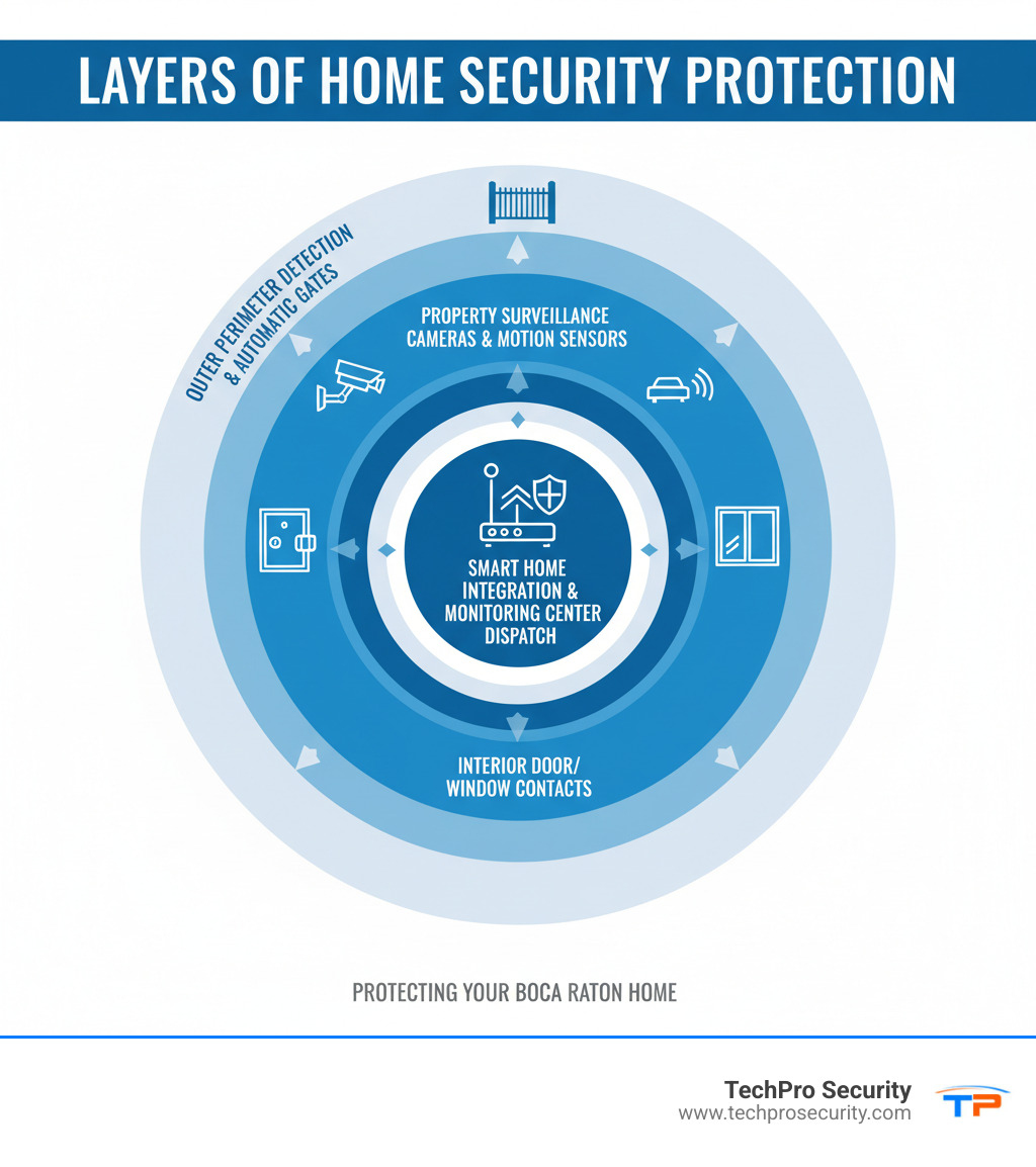 Comprehensive infographic showing the complete layers of home security protection from outer perimeter detection and automatic gates, through property surveillance cameras and motion sensors, to interior door/window contacts and smart home integration with monitoring center dispatch - Security system Boca Raton infographic 