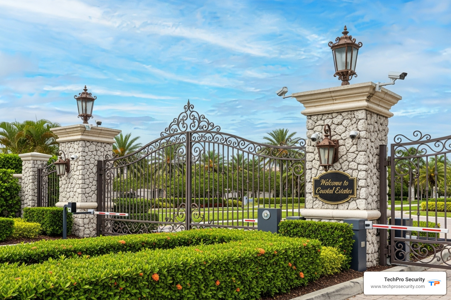 Image of a Boca Raton community gate with security cameras - Security system Boca Raton
