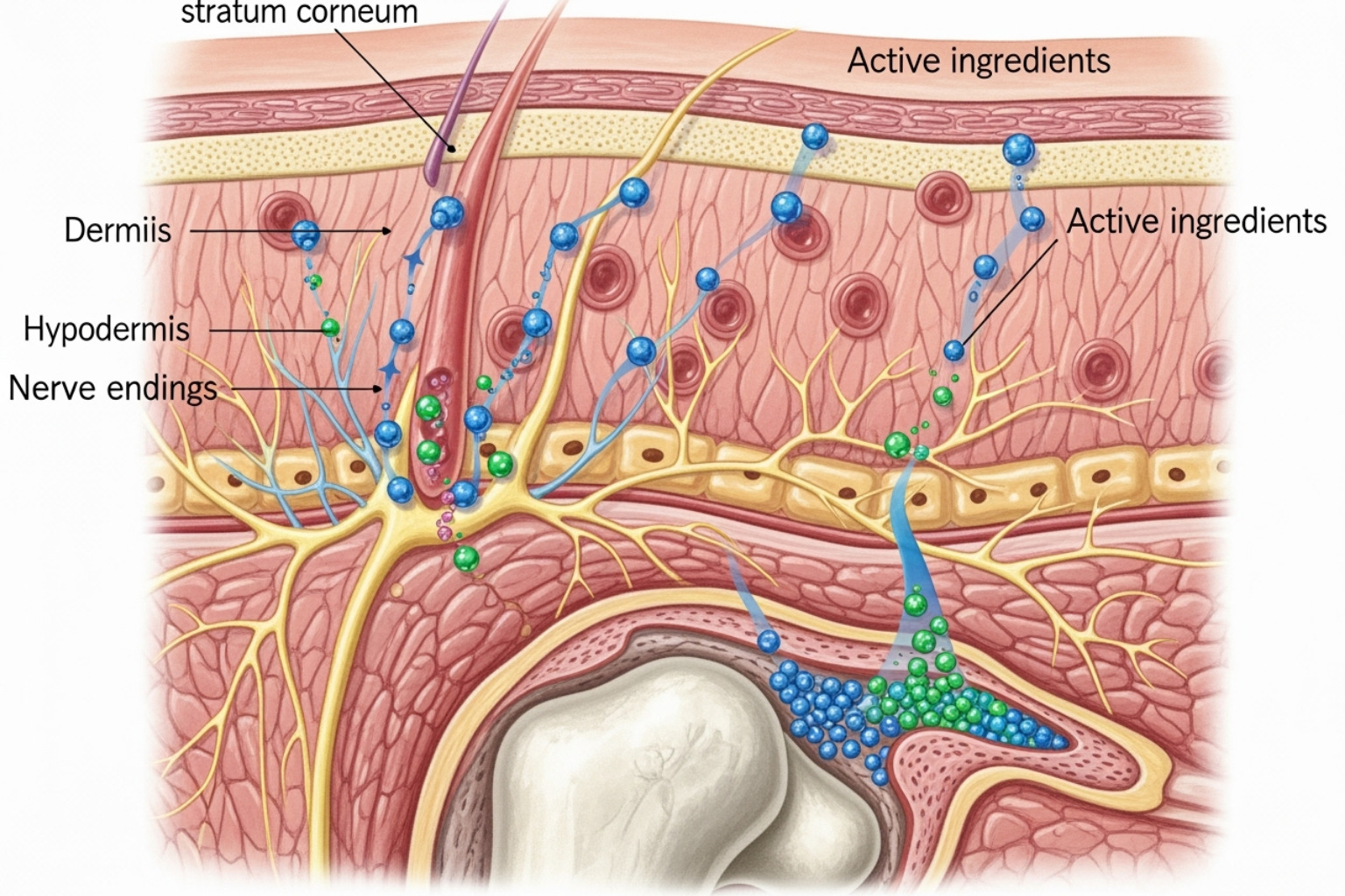 Illustration showing how Neuropasil's natural and science-backed ingredients penetrate skin layers to target nerve endings and joint tissue - cream for joint pain
