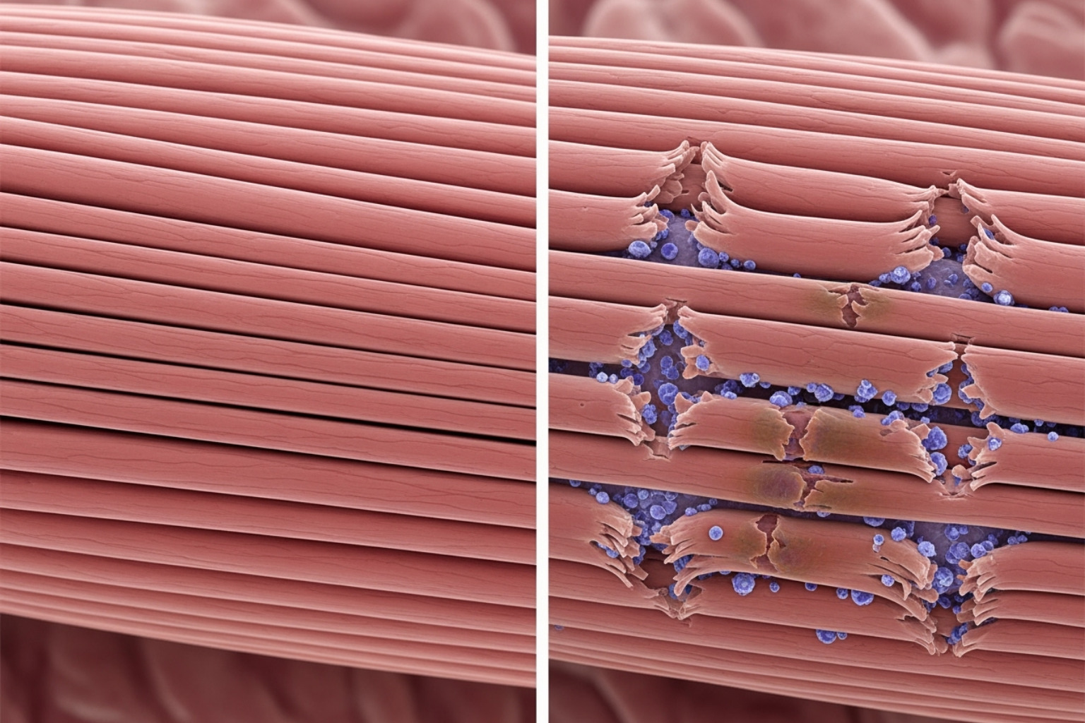 A split image showing on one side a healthy muscle fiber and on the other, a muscle fiber with small tears, illustrating the difference between normal soreness from exercise and a muscle strain. - pain reliever muscle