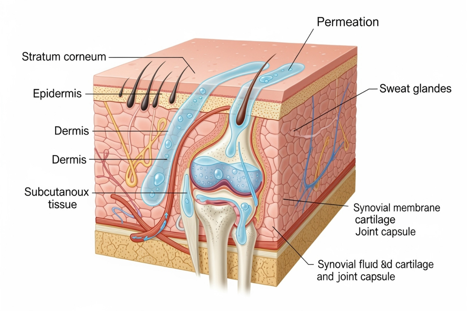 A diagram showing how topical creams are absorbed through the skin to the joint - best pain reliever cream for arthritis