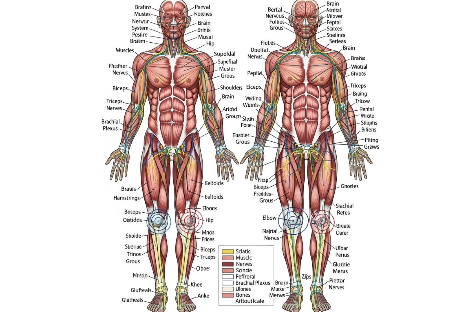 Diagram of human body with joints, muscles, and nerves highlighted - body pain cream