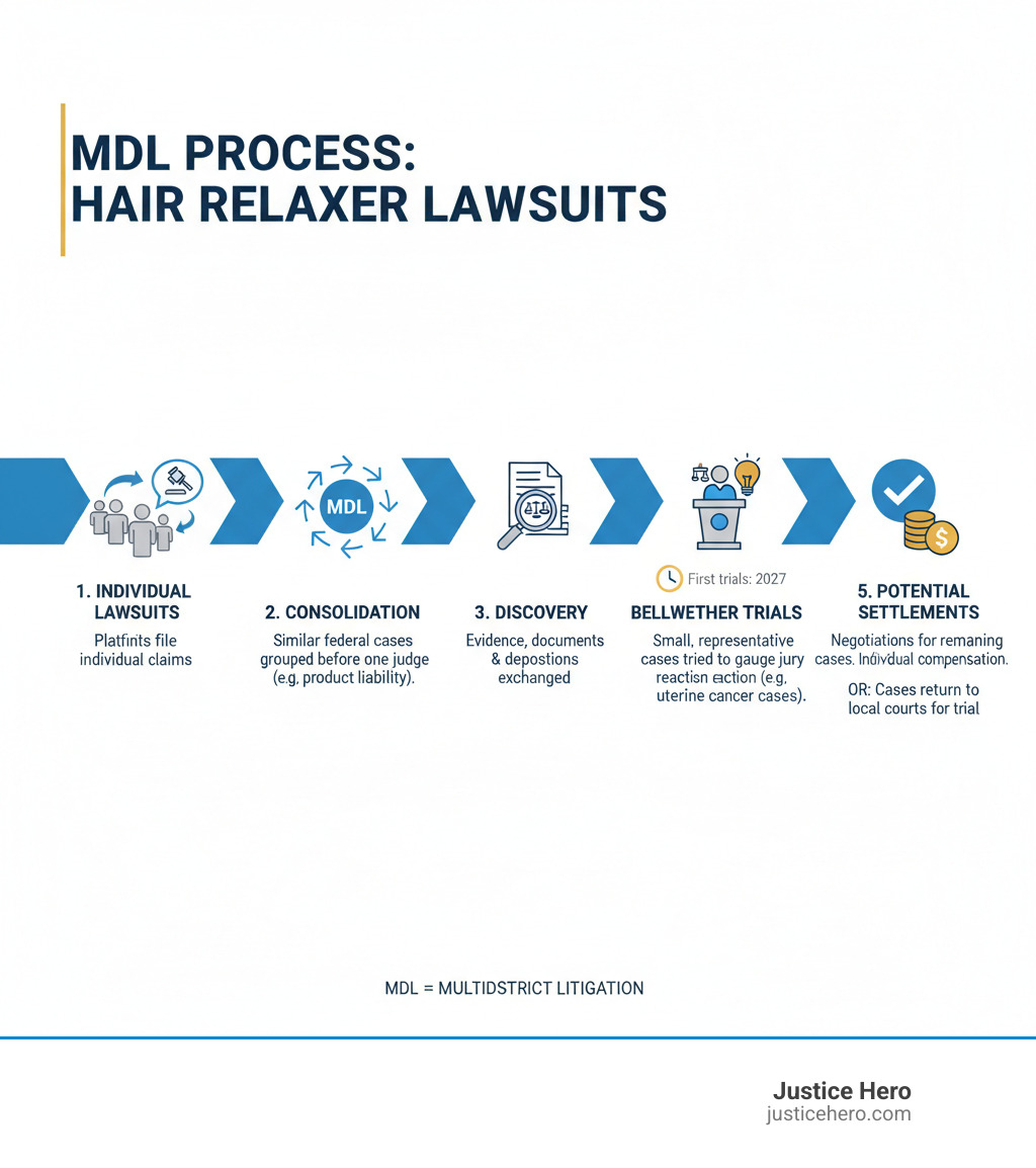 Infographic showing the MDL process, from individual lawsuits to consolidation, findy, bellwether trials, and potential settlements - relaxer cancer lawsuit infographic 