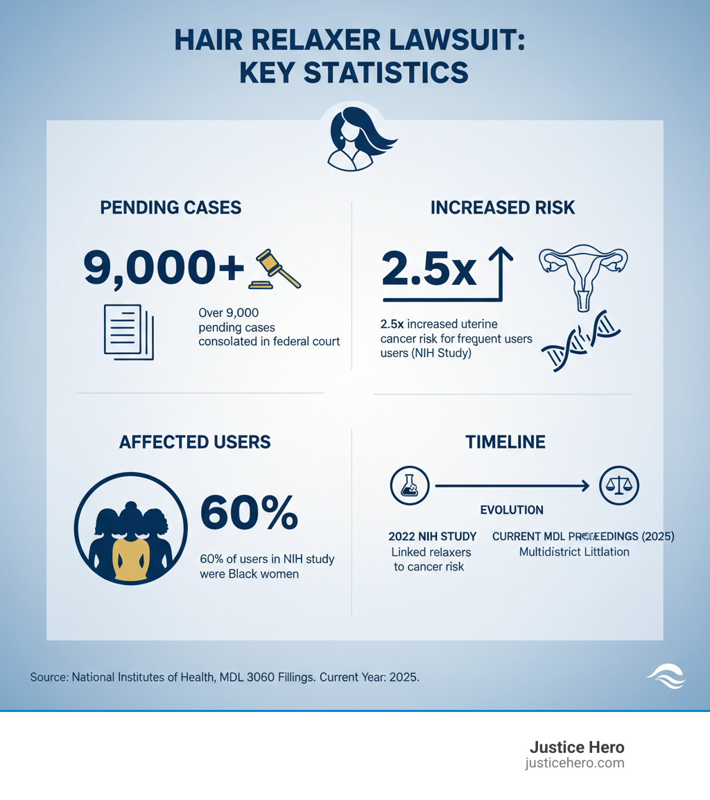 Infographic showing hair relaxer lawsuit statistics: Over 9,000 pending cases, 2.5x increased uterine cancer risk for frequent users, 60% of users in NIH study were Black women, and timeline from 2022 NIH study to current MDL proceedings - relaxer cancer lawsuit infographic 