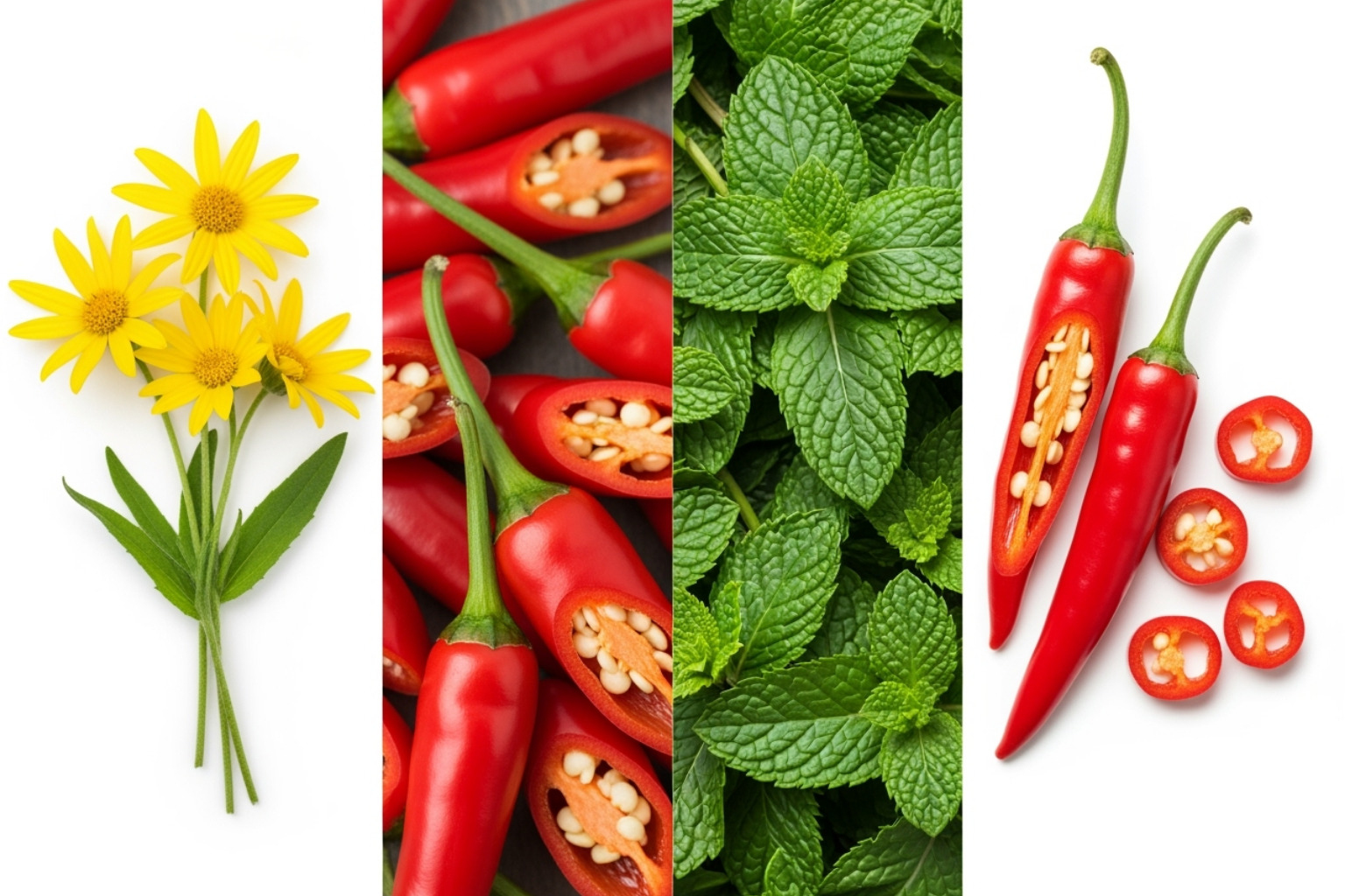 collage of key natural ingredients: arnica flowers, chili peppers (capsaicin), and mint leaves (menthol) - muscle pain cream