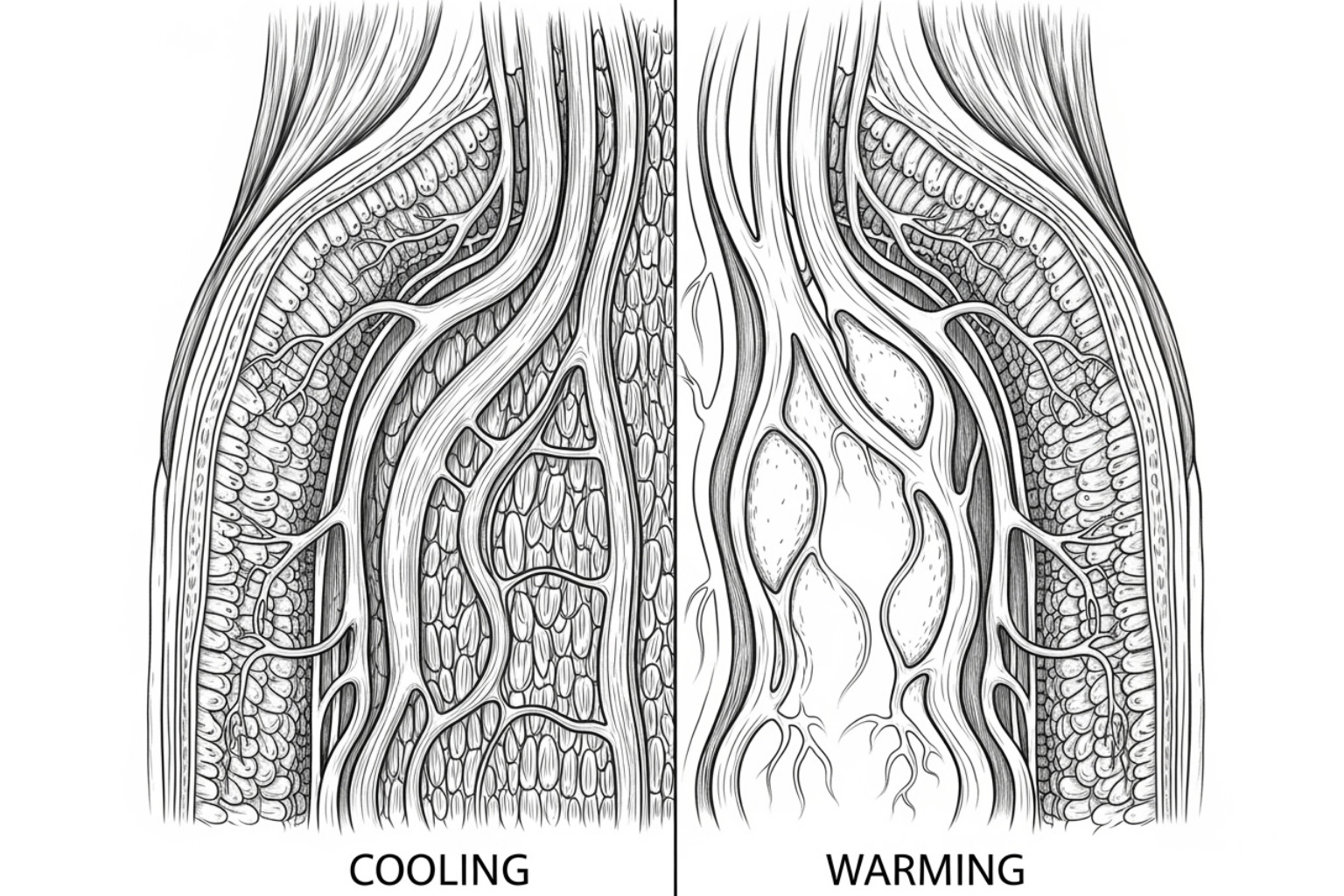 illustration of cooling vs. warming effects on muscle tissue, showing constricted blood vessels for cooling and dilated blood vessels for warming - muscle pain cream
