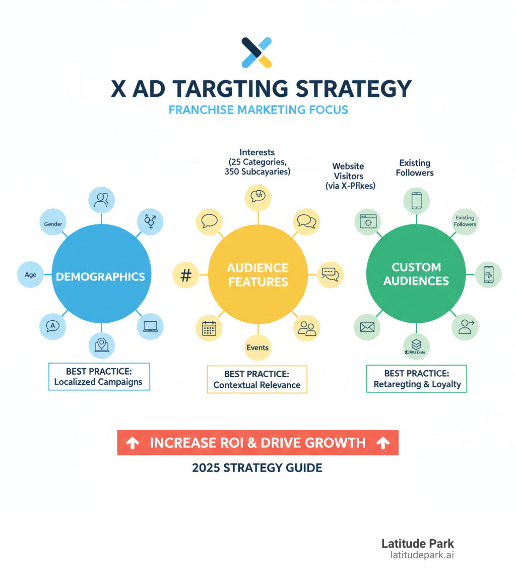 Comprehensive infographic showing Twitter ad targeting hierarchy with three main branches: Demographics (age, gender, location, language, device), Audience Features (interests with 25 categories and 350 subcategories, keywords, conversations, events, follower look-alikes), and Custom Audiences (website visitors via X Pixel, app users, email lists, CRM data, existing followers). Each branch shows specific targeting options and best practices for franchise marketers. - Twitter ads target audience infographic 