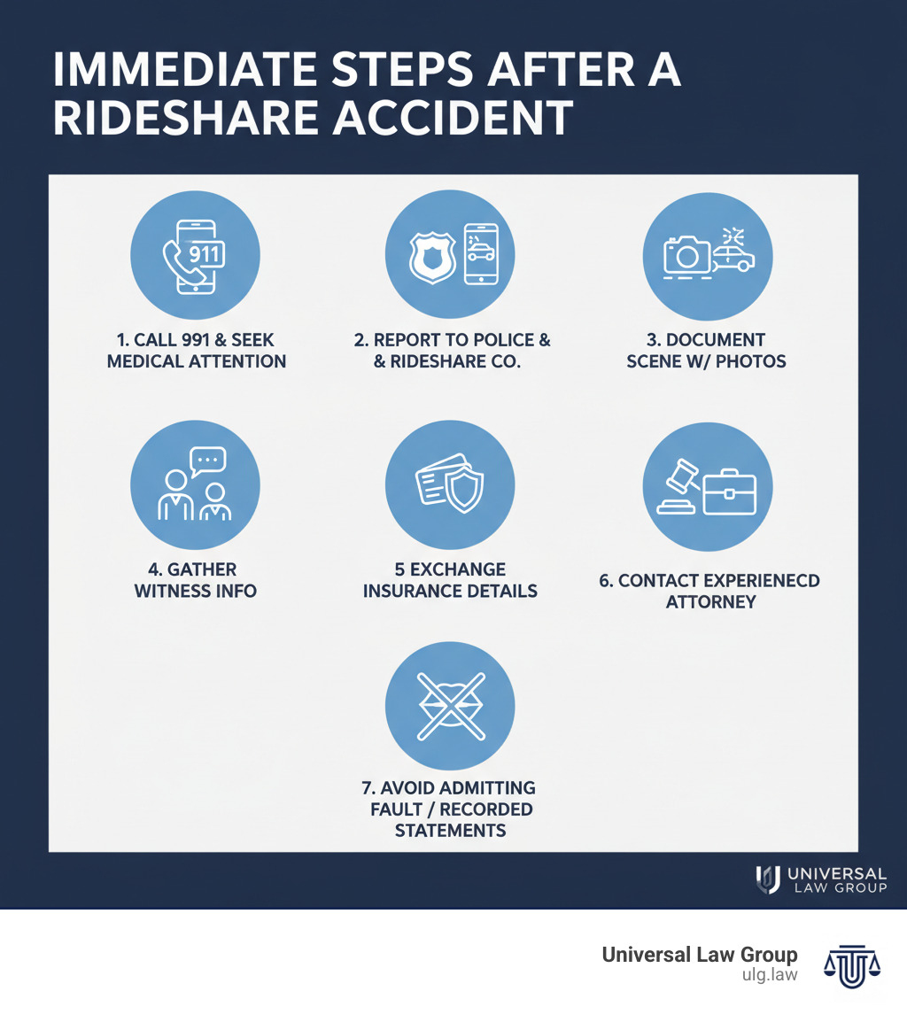 Detailed infographic showing immediate steps after a Lyft accident: 1) Call 911 and seek medical attention, 2) Report to police and Lyft, 3) Document scene with photos, 4) Gather witness information, 5) Exchange insurance details, 6) Contact experienced attorney, 7) Avoid admitting fault or giving recorded statements - lyft car accident settlement infographic 