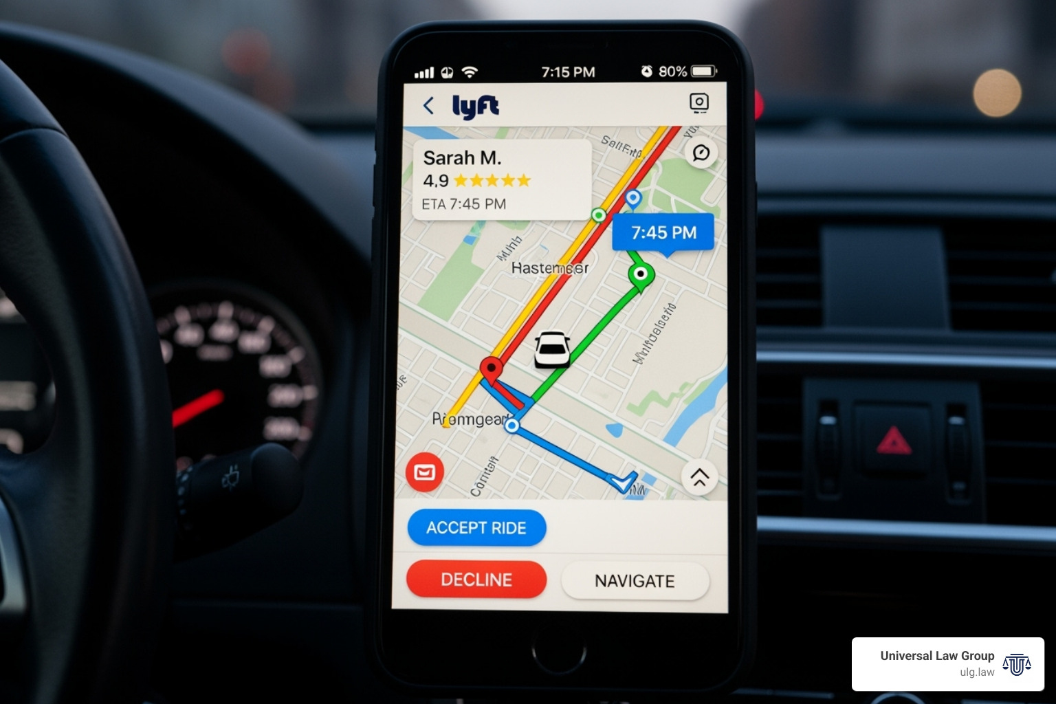 A close-up image of a smartphone screen displaying the Lyft driver app, with a map and ride details, symbolizing the driver's active status - lyft car accident settlement