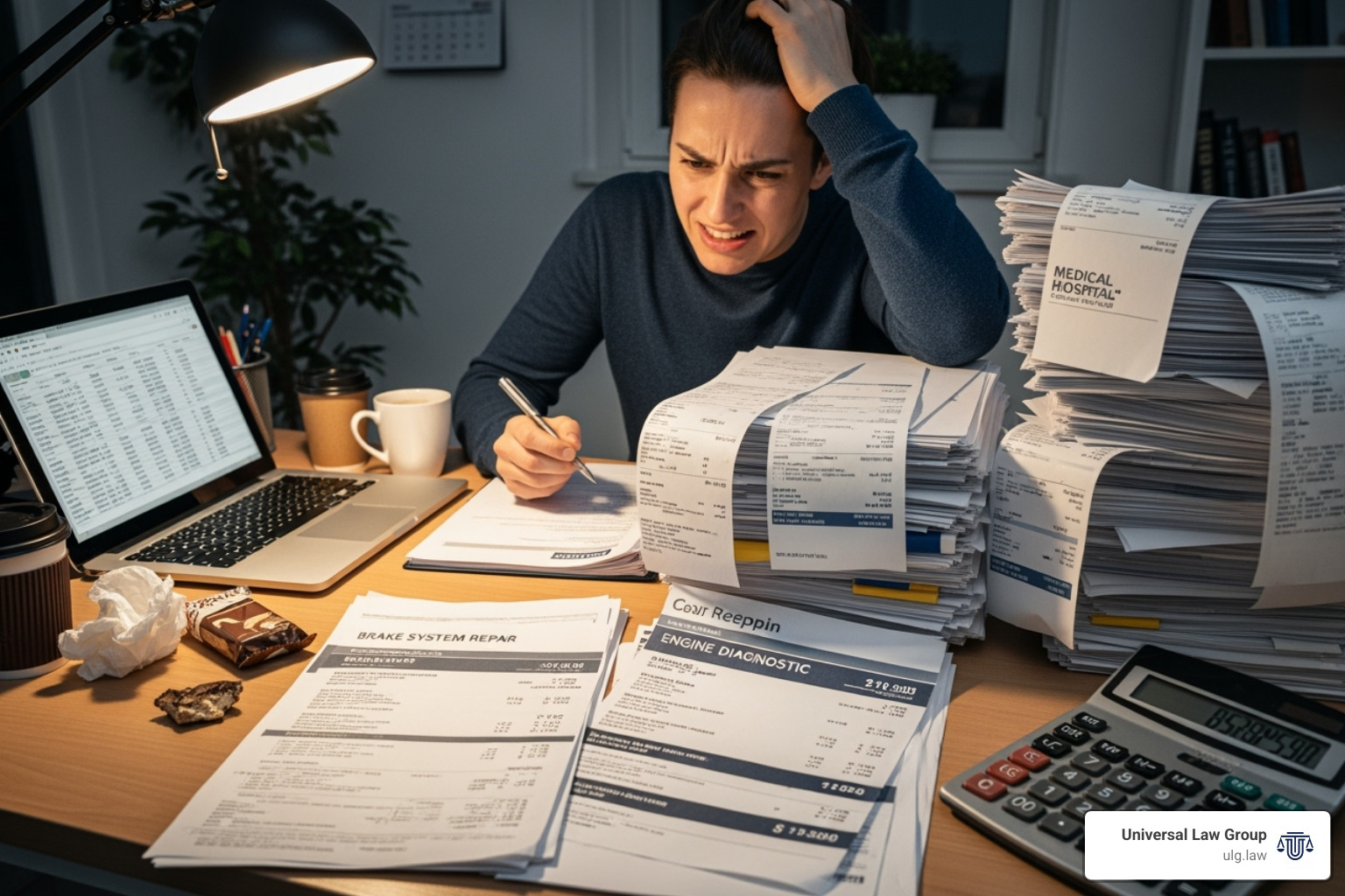 A person sitting at a desk, looking stressed while reviewing stacks of medical bills and car repair estimates, with a calculator and laptop nearby - lyft car accident settlement