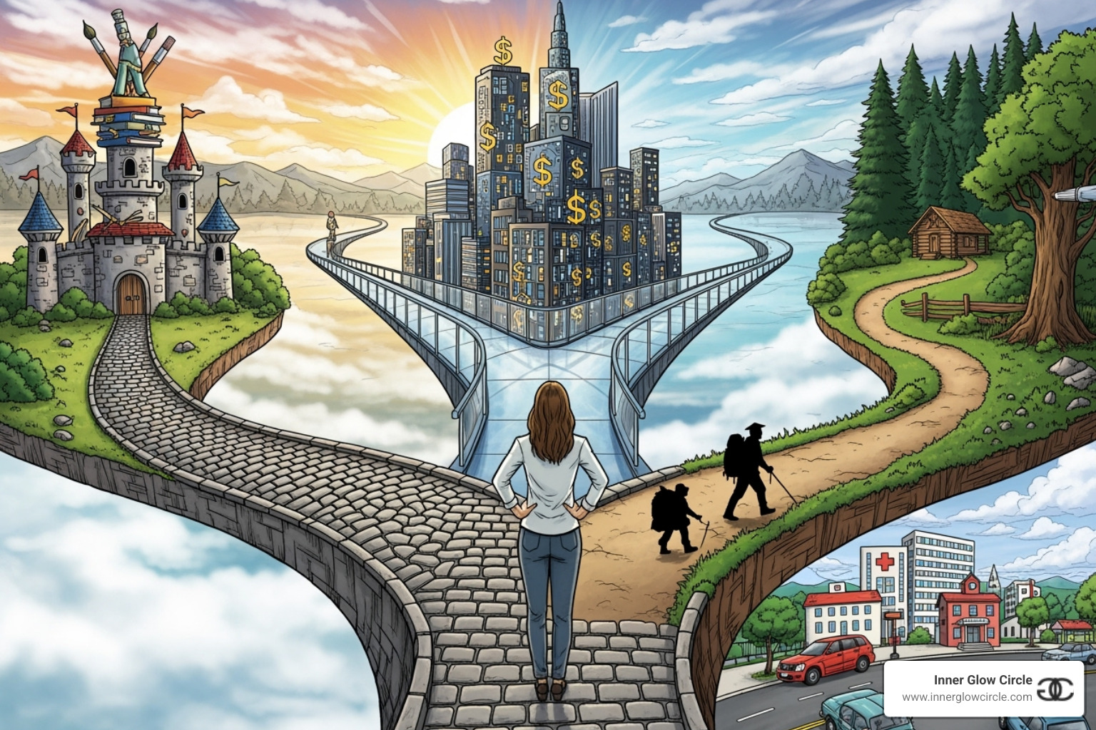 A woman at a crossroads, looking at different illustrated career paths - Coaching programs for women A woman at a crossroads, looking at different illustrated career paths - Coaching programs for women