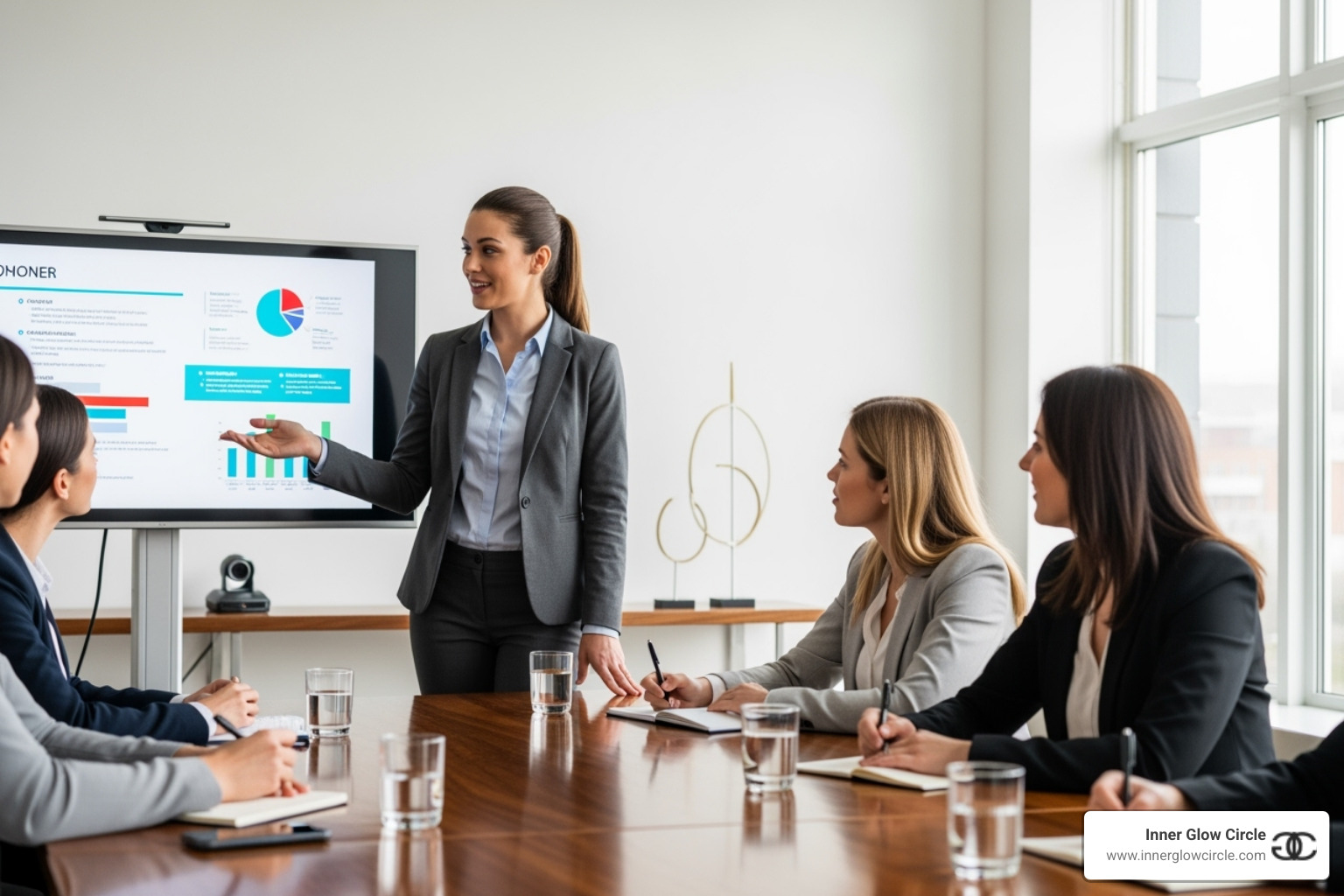 A woman confidently presenting her ideas in a supportive group setting - Coaching programs for women A woman confidently presenting her ideas in a supportive group setting - Coaching programs for women