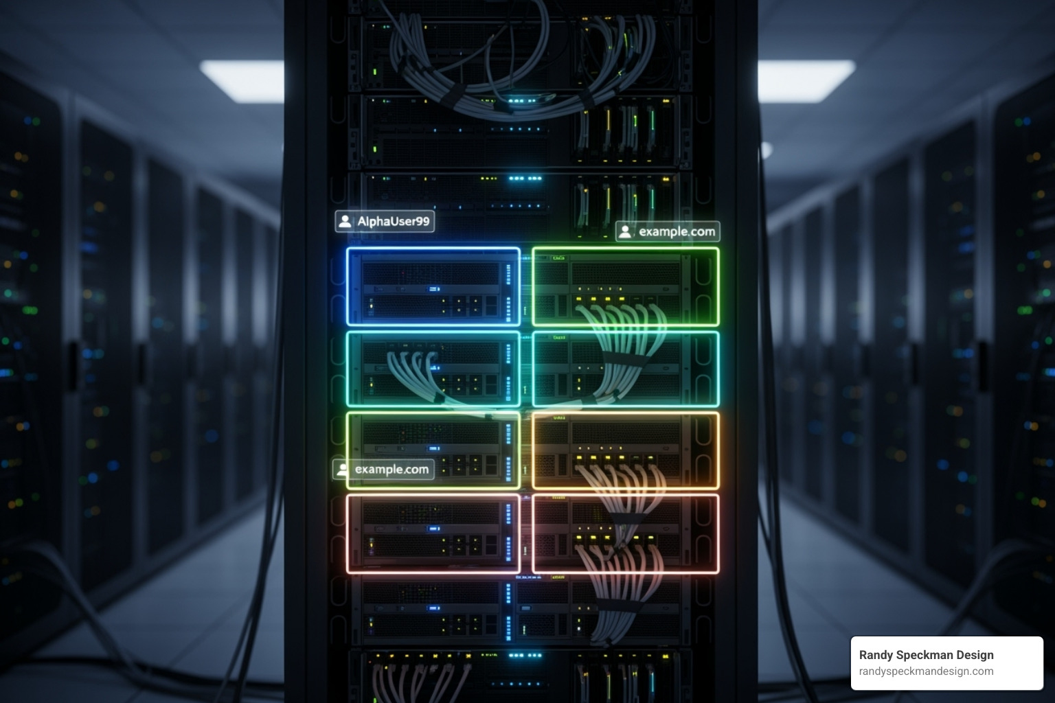 An image depicting a server rack with multiple small, distinct sections highlighted, representing shared hosting where resources are divided among many users - what is best service for small business website and hosting