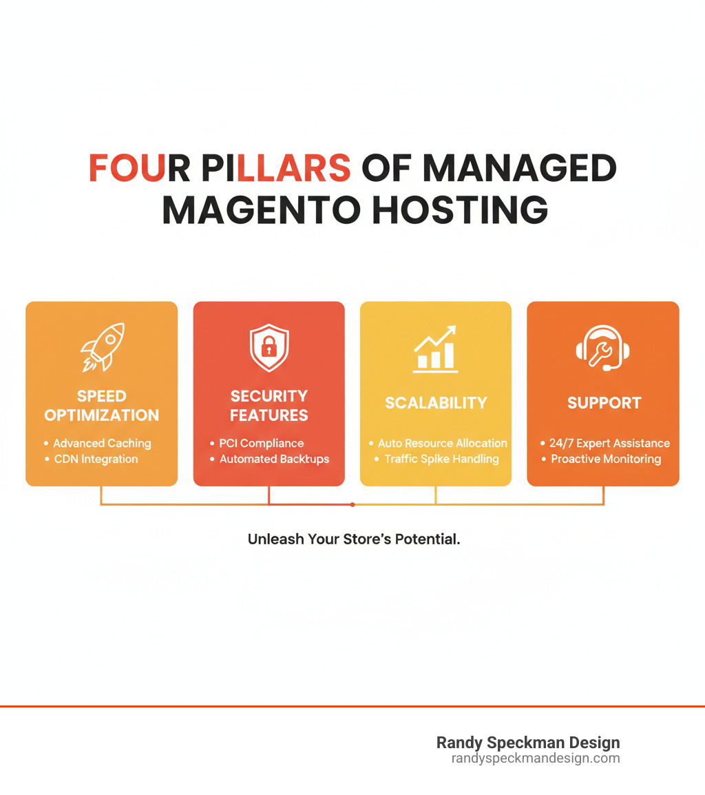 Infographic showing the four pillars of managed Magento hosting: Speed optimization with advanced caching and CDN integration, Security features including PCI compliance and automated backups, Scalability through automatic resource allocation and traffic spike handling, and Support with 24/7 expert assistance and proactive monitoring - Managed Magento hosting infographic Infographic showing the four pillars of managed Magento hosting: Speed optimization with advanced caching and CDN integration, Security features including PCI compliance and automated backups, Scalability through automatic resource allocation and traffic spike handling, and Support with 24/7 expert assistance and proactive monitoring - Managed Magento hosting infographic