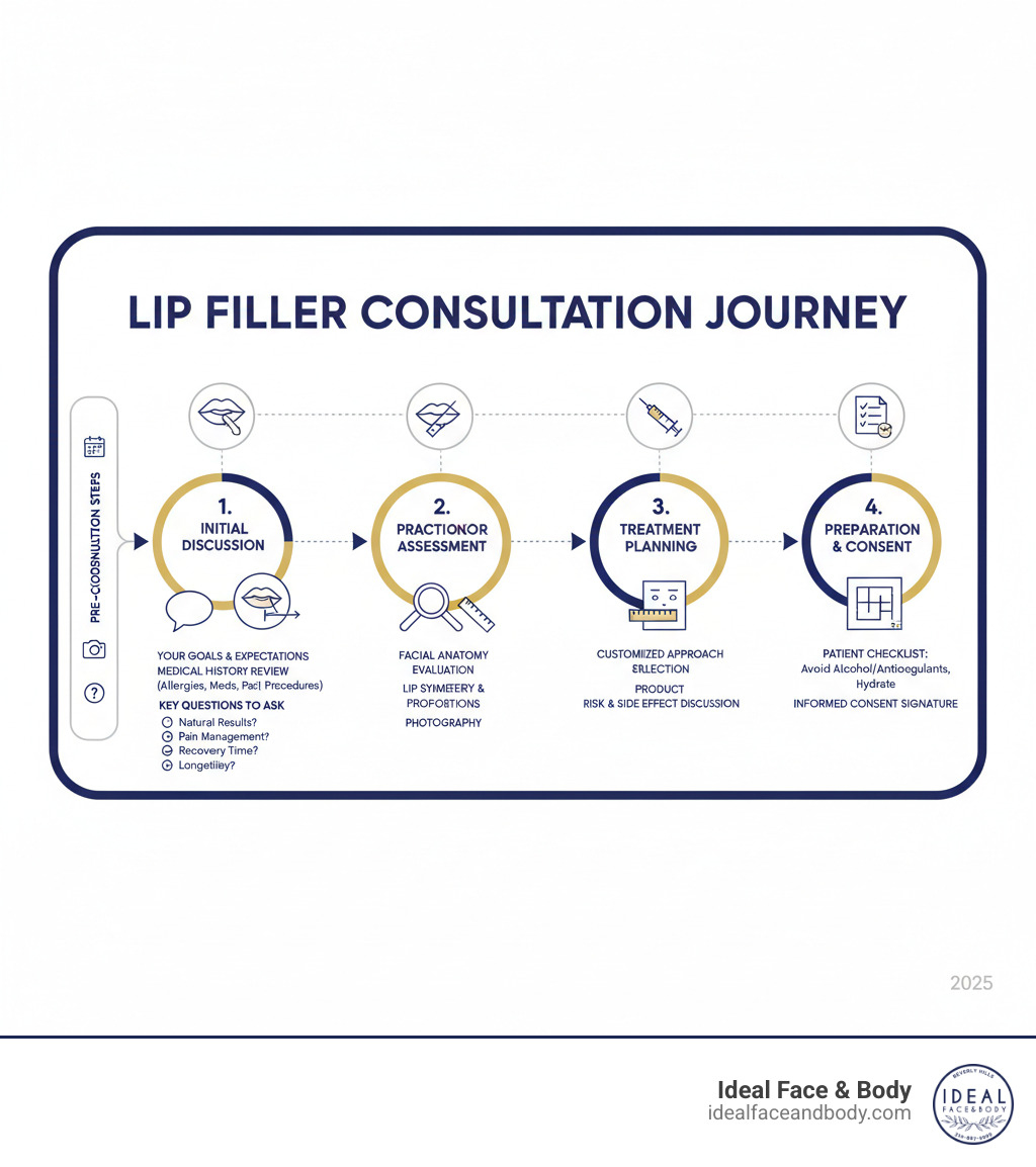 Detailed infographic showing the complete lip filler consultation process from initial discussion through treatment planning, including patient preparation checklist, practitioner assessment steps, and key questions to ask - lip filler consultation infographic 