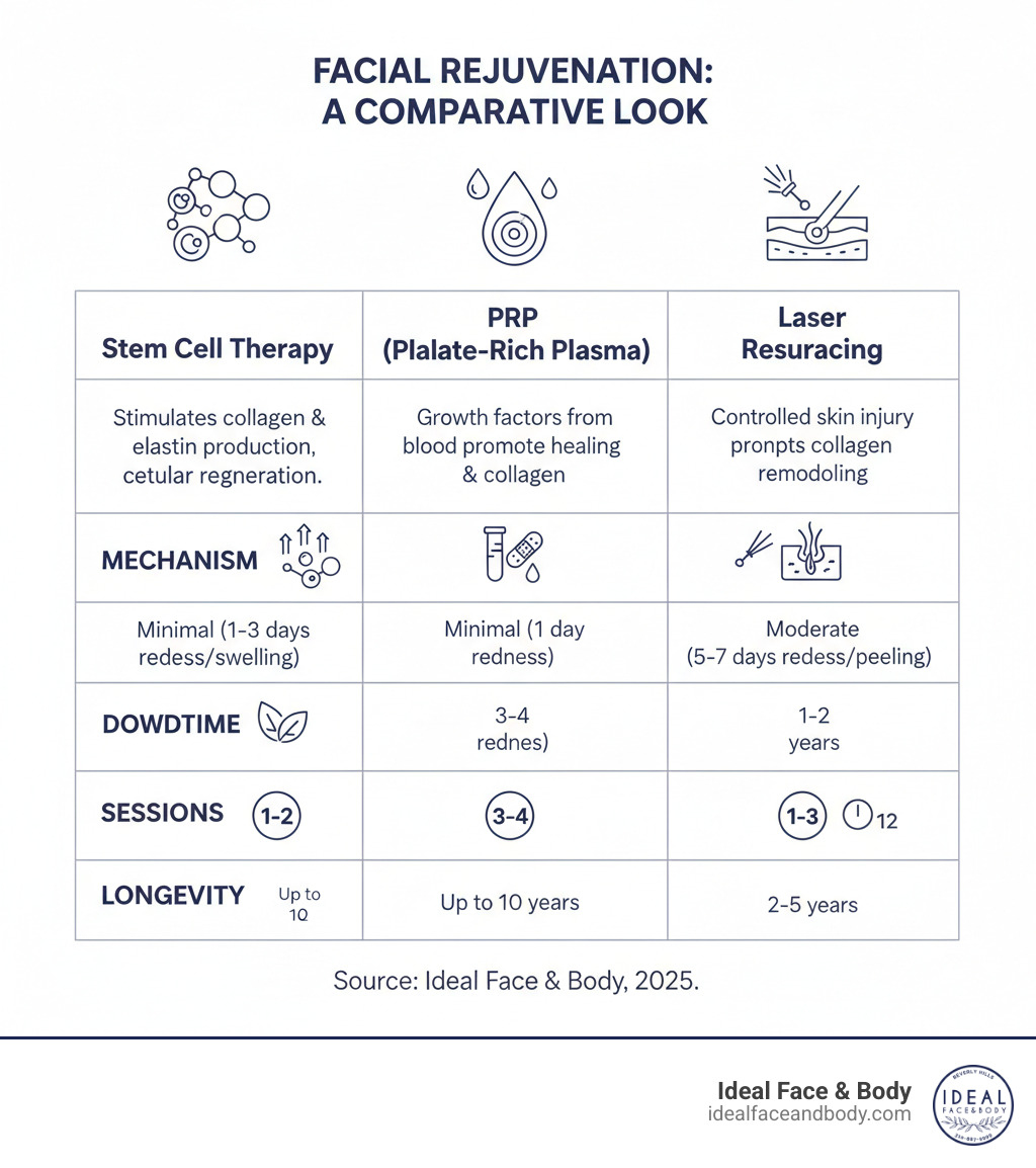 TABLE comparing Stem Cell Therapy, PRP, and Laser Resurfacing for Facial Rejuvenation, highlighting mechanism, downtime, sessions, and longevity - stem cells for face rejuvenation infographic 