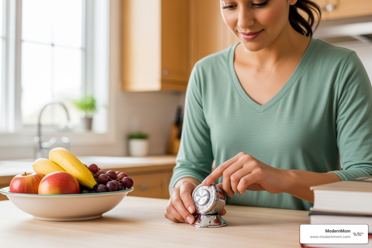 Mom setting a kitchen timer - 27 declutter hack