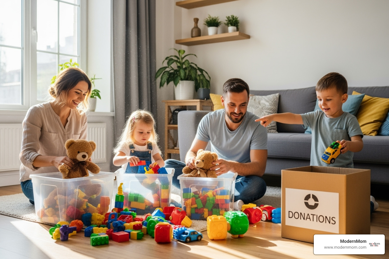 Family sorting through toys together - 27 declutter hack