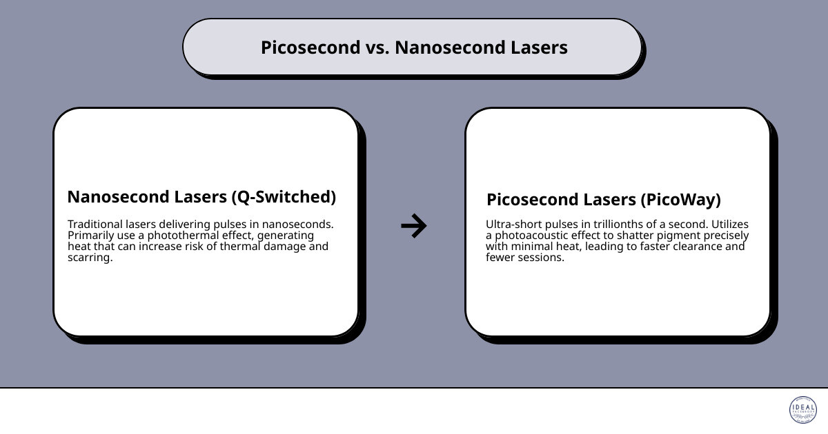 Infographic showing picosecond vs nanosecond pulse comparison with treatment benefits and applications of PicoWay laser technology - pico way laser infographic cause_effect_text