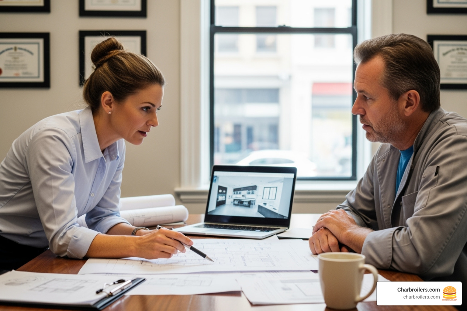 health inspector reviewing kitchen plans with a restaurant owner - do commercial convection ovens need venting health inspector reviewing kitchen plans with a restaurant owner - do commercial convection ovens need venting