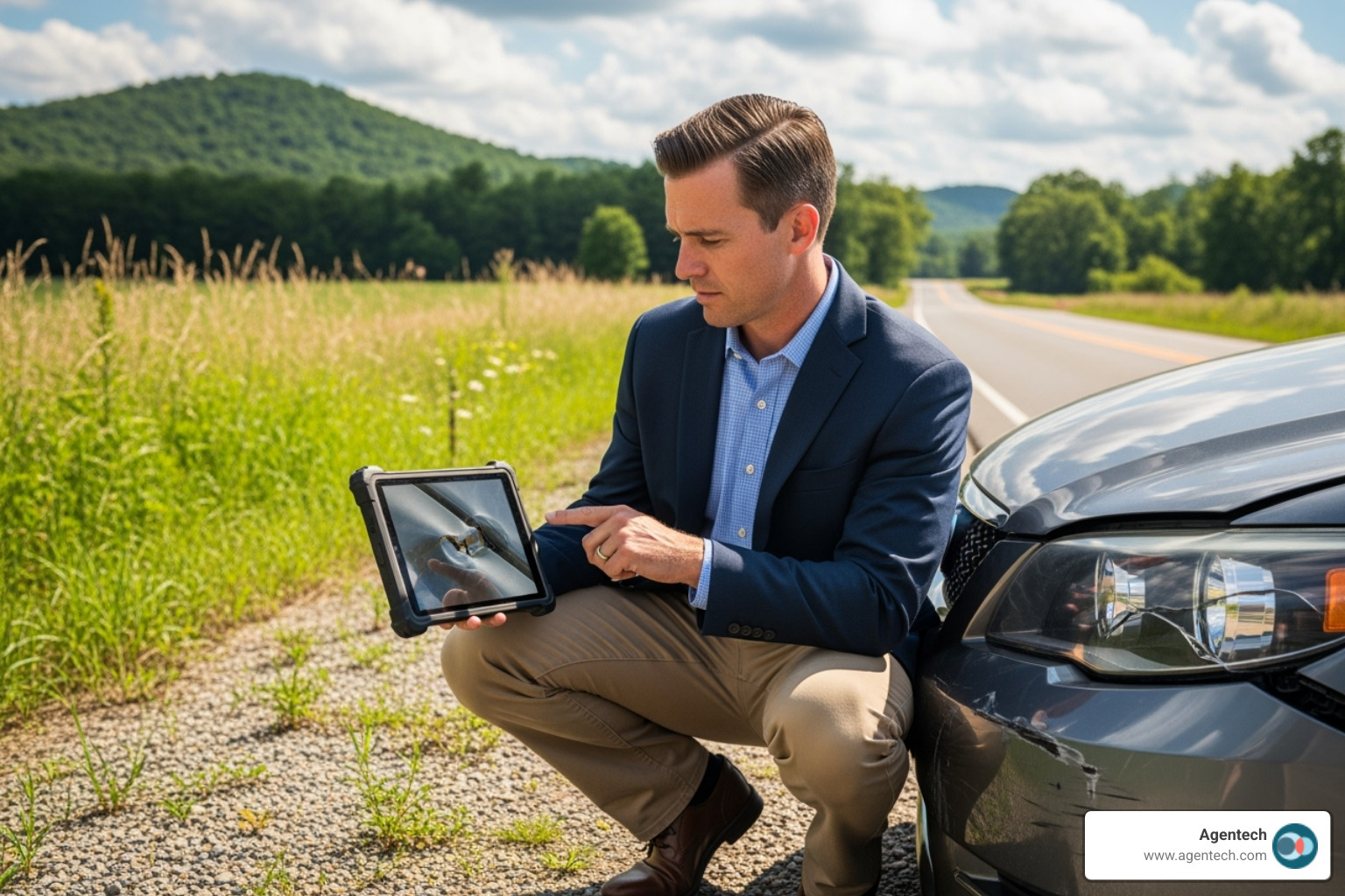 P&C claims adjuster using a tablet in the field to document auto damage - insurance ai technology