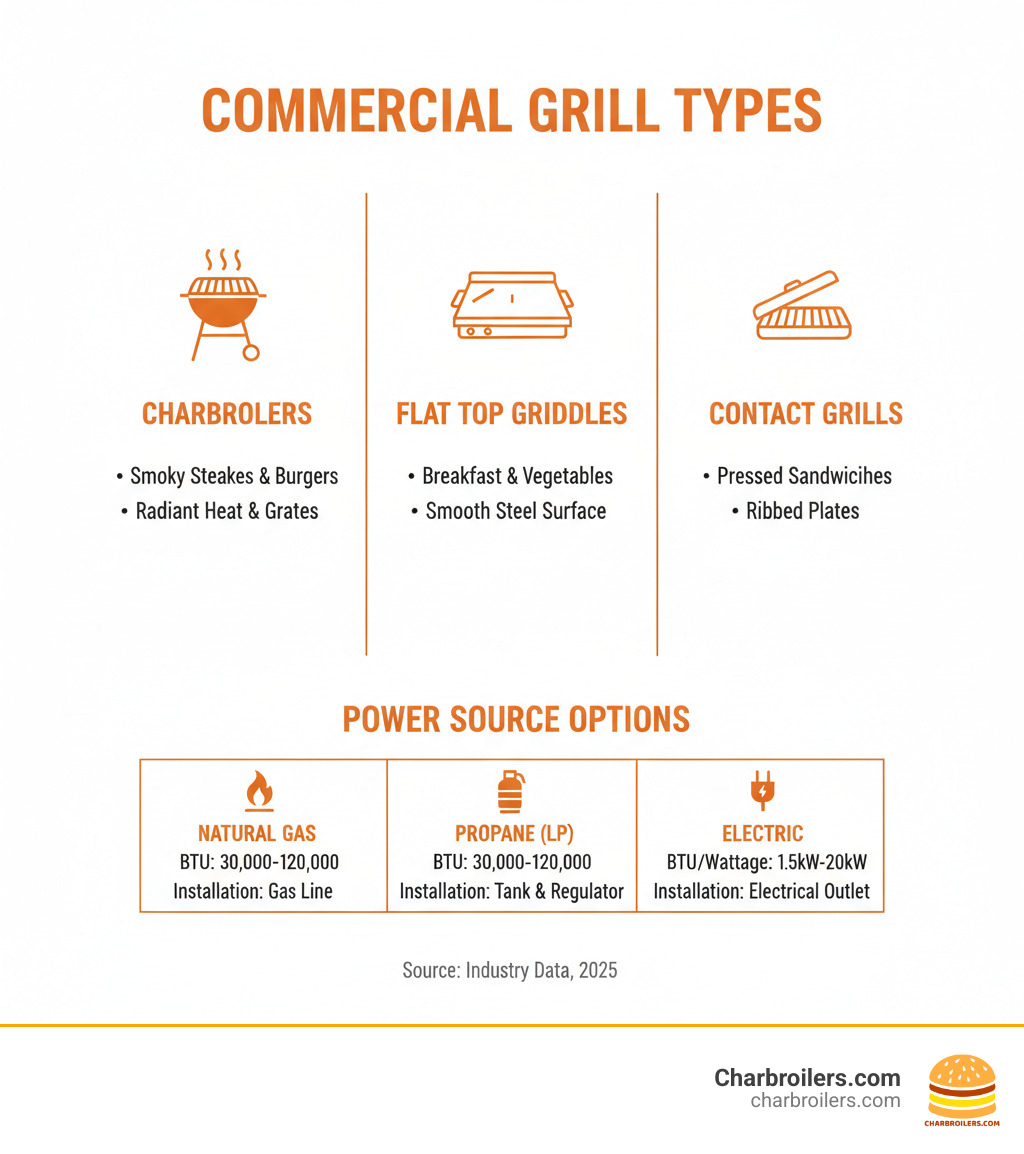 Detailed breakdown of commercial grill types showing charbroilers with radiant burners and grates for smoky flavored steaks and burgers, flat top griddles with smooth steel surfaces for breakfast items and vegetables, and specialty contact grills with ribbed plates for pressed sandwiches, including power source options of natural gas, propane, and electric with corresponding BTU ratings and installation requirements - commercial kitchen equipment grill infographic Detailed breakdown of commercial grill types showing charbroilers with radiant burners and grates for smoky flavored steaks and burgers, flat top griddles with smooth steel surfaces for breakfast items and vegetables, and specialty contact grills with ribbed plates for pressed sandwiches, including power source options of natural gas, propane, and electric with corresponding BTU ratings and installation requirements - commercial kitchen equipment grill infographic