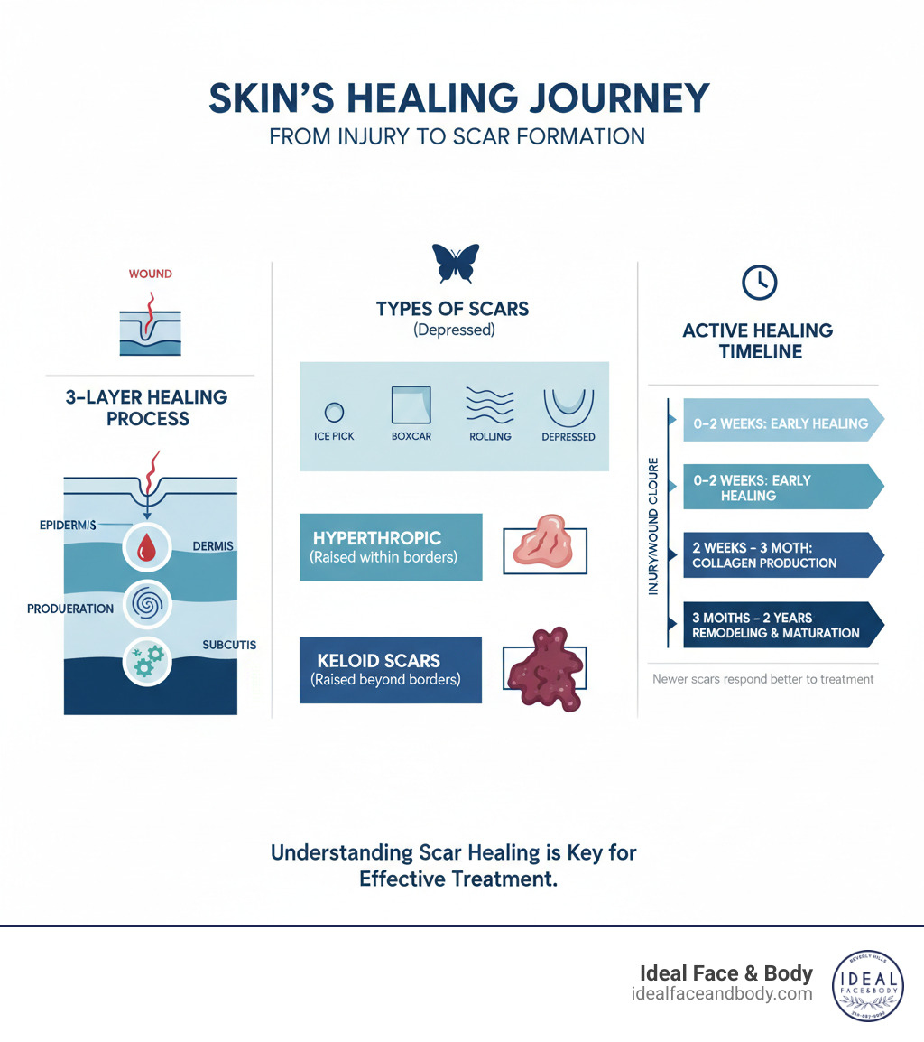 Comprehensive infographic showing the skin's three-layer healing process from injury to scar formation, displaying the differences between atrophic scars (depressed, ice pick, boxcar, rolling), hypertrophic scars (raised within wound borders), and keloid scars (raised beyond wound borders), with timeline showing active healing period of up to 2 years - scar healing treatments infographic 