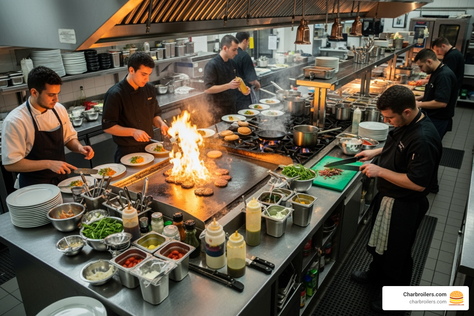 an efficient and busy commercial kitchen line centered around a grill - commercial kitchen equipment grill an efficient and busy commercial kitchen line centered around a grill - commercial kitchen equipment grill