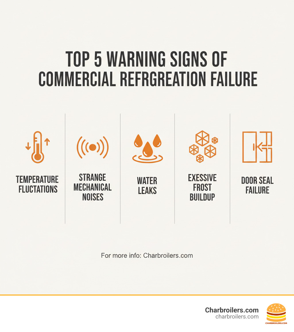 Infographic showing the top 5 warning signs of commercial refrigeration failure: temperature fluctuations with thermometer icon, strange mechanical noises with sound waves, water leaks with droplet symbols, excessive frost buildup with ice crystals, and door seal failure with gap illustration - commercial refrigeration repair infographic Infographic showing the top 5 warning signs of commercial refrigeration failure: temperature fluctuations with thermometer icon, strange mechanical noises with sound waves, water leaks with droplet symbols, excessive frost buildup with ice crystals, and door seal failure with gap illustration - commercial refrigeration repair infographic