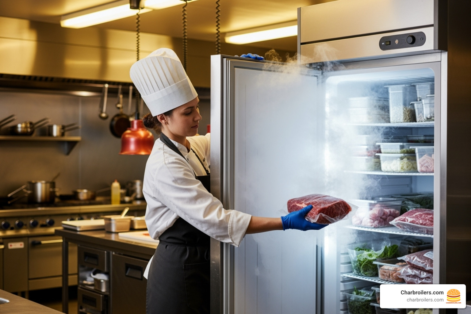 chef retrieving ingredients from freezer - freezer for restaurant kitchen chef retrieving ingredients from freezer - freezer for restaurant kitchen