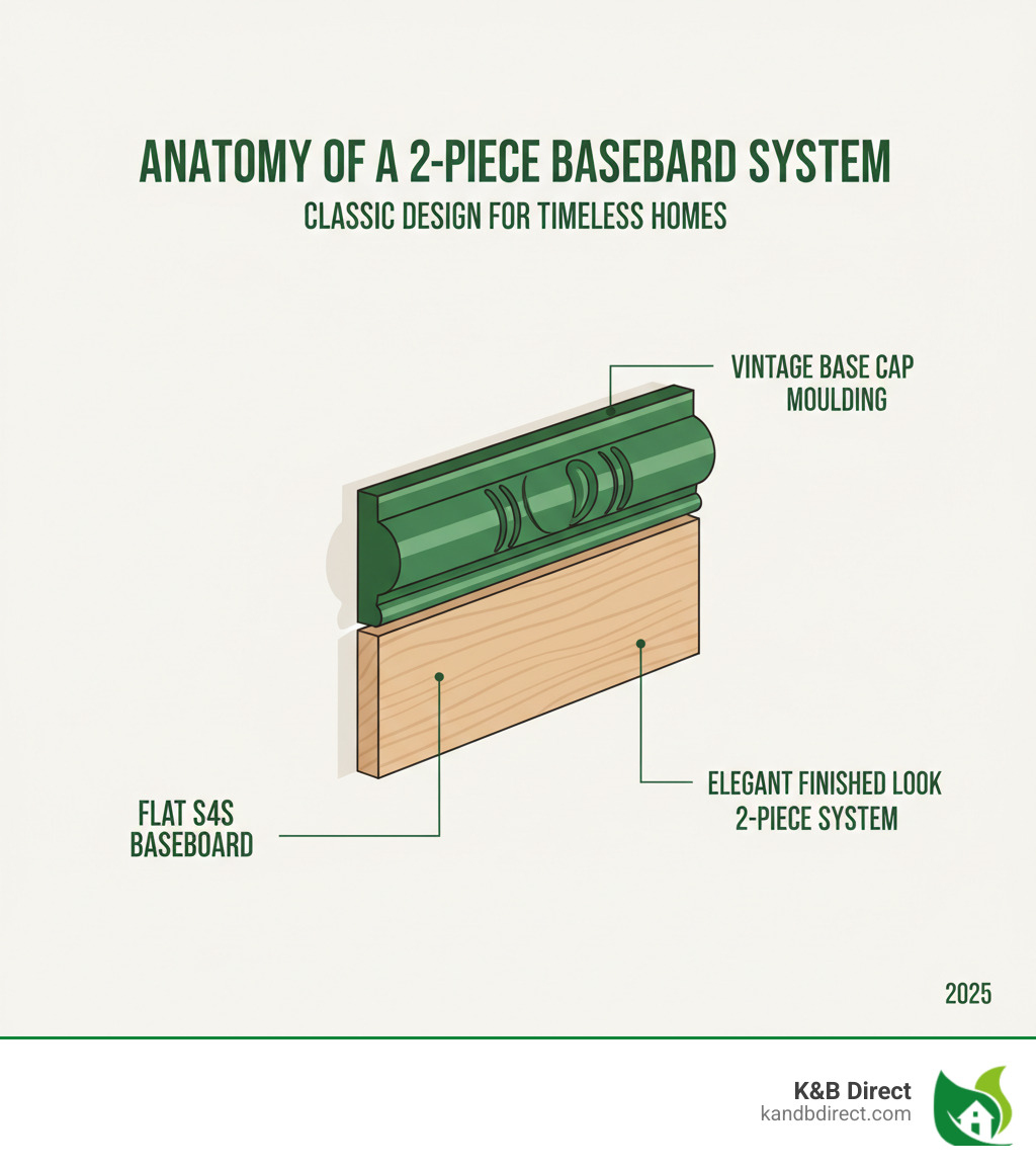 Infographic showing the anatomy of a two-piece baseboard system with a flat S4S lumber base board at the bottom and a decorative vintage base cap moulding profile mounted on top, with labels pointing to each component and showing how they work together to create an neat finished look - vintage base cap moulding infographic 