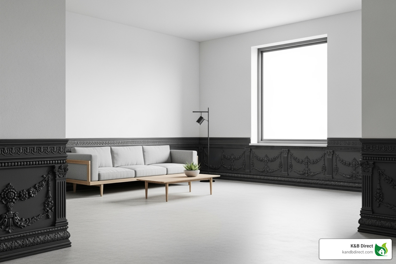 modern, minimalist room with ornate vintage base cap moulding for contrast. - vintage base cap moulding