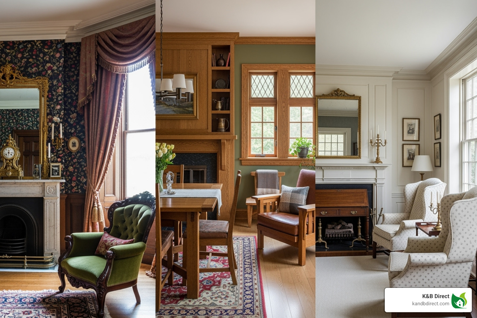 collage showing Victorian, Arts & Crafts, and Colonial interior styles. - vintage base cap moulding