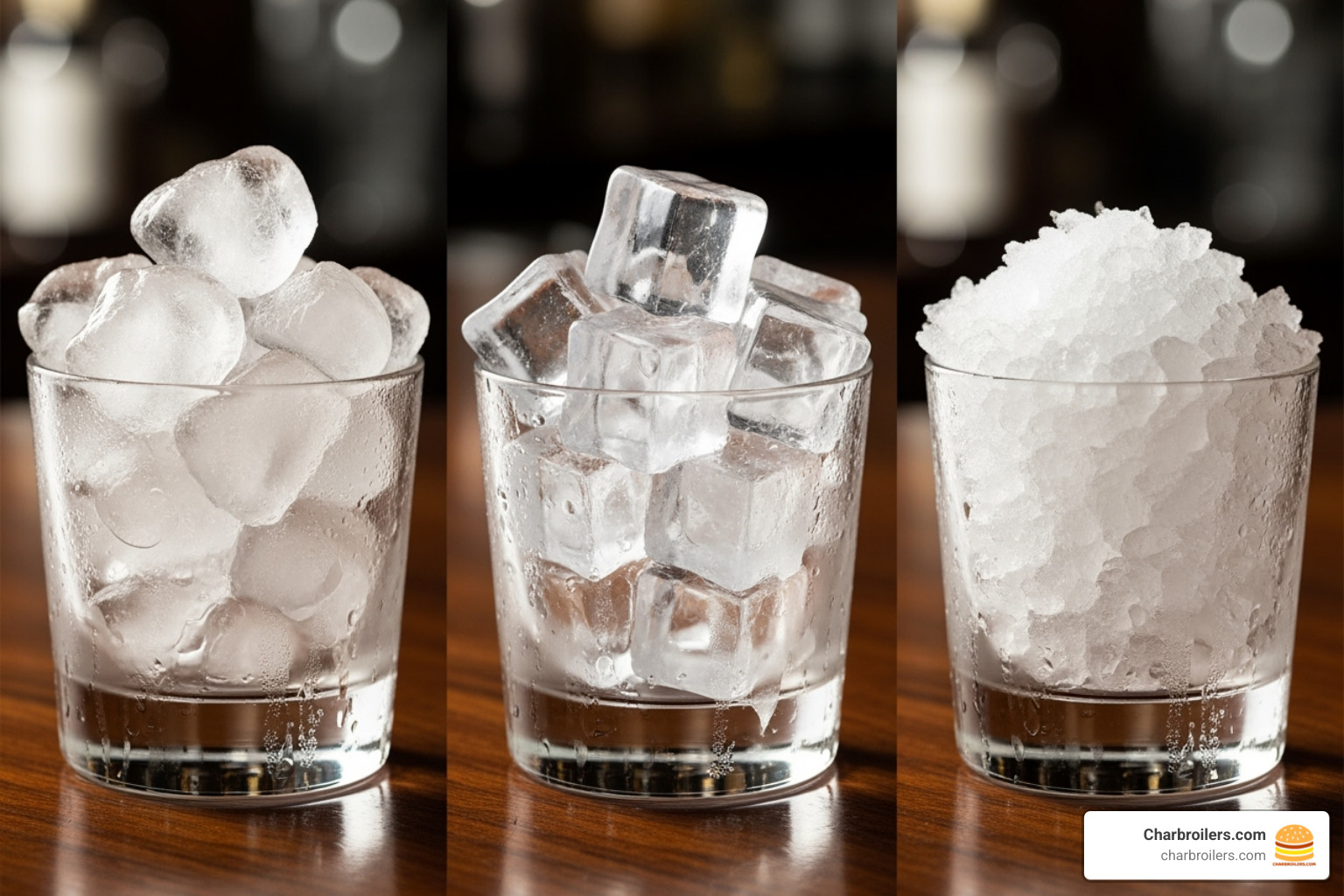 different ice types like nugget, full cube, and flake in cocktail glasses - commercial ice maker for home